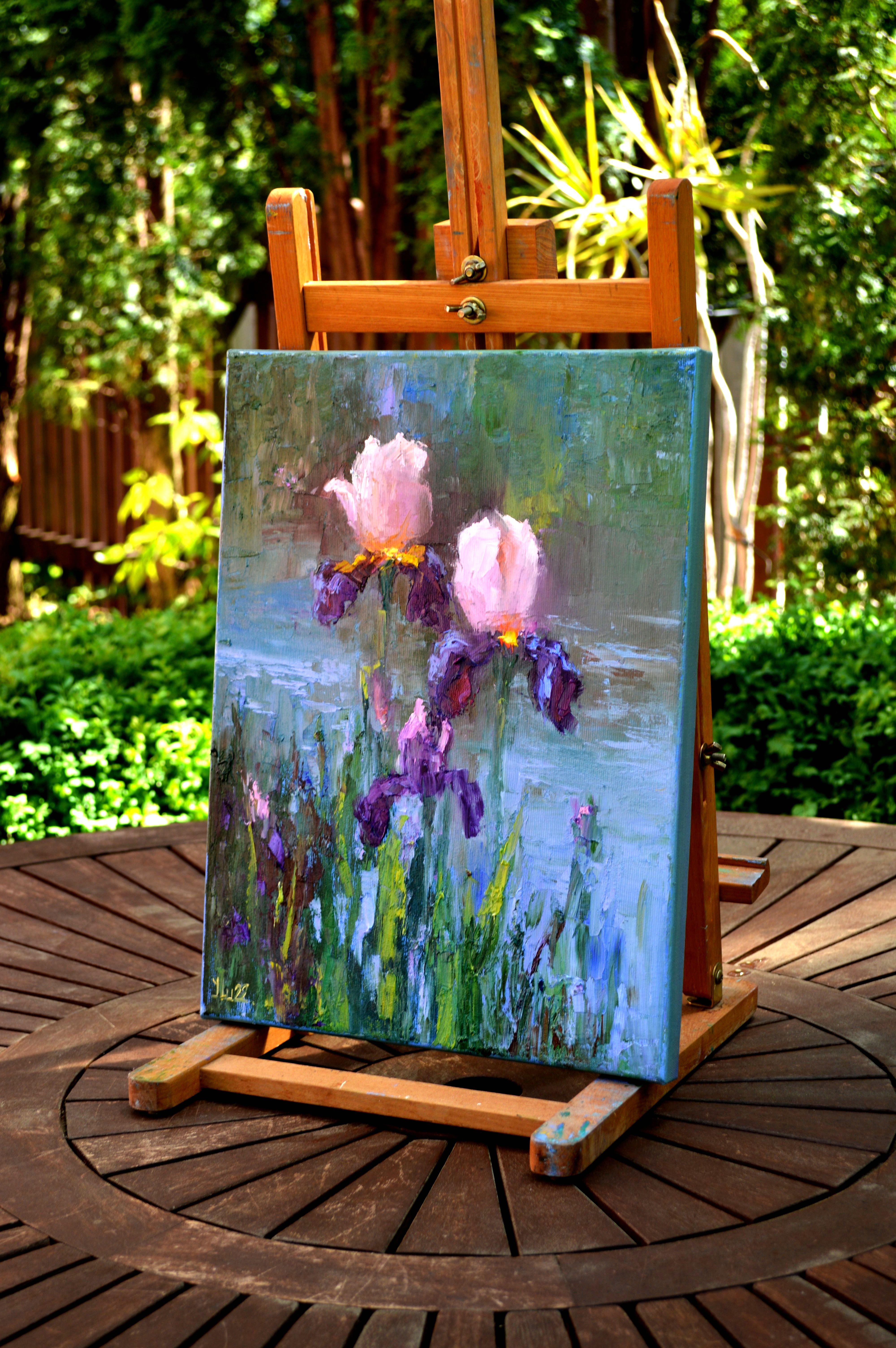 Peinture à l'huile Three Irises by the pond 40X30 en vente 15