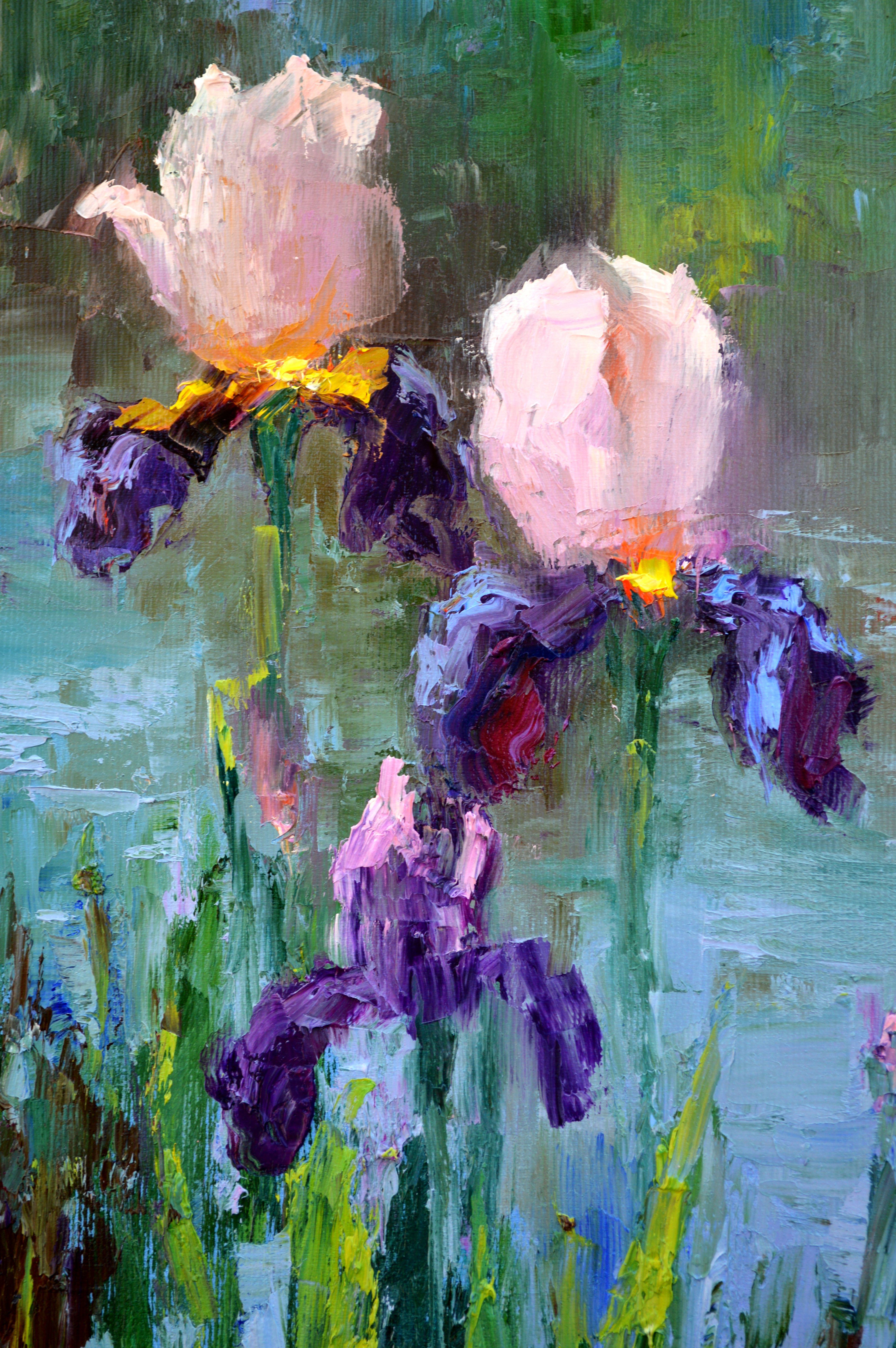 Three Irises by the pond 40X30 oil painting - Painting by Elena Lukina