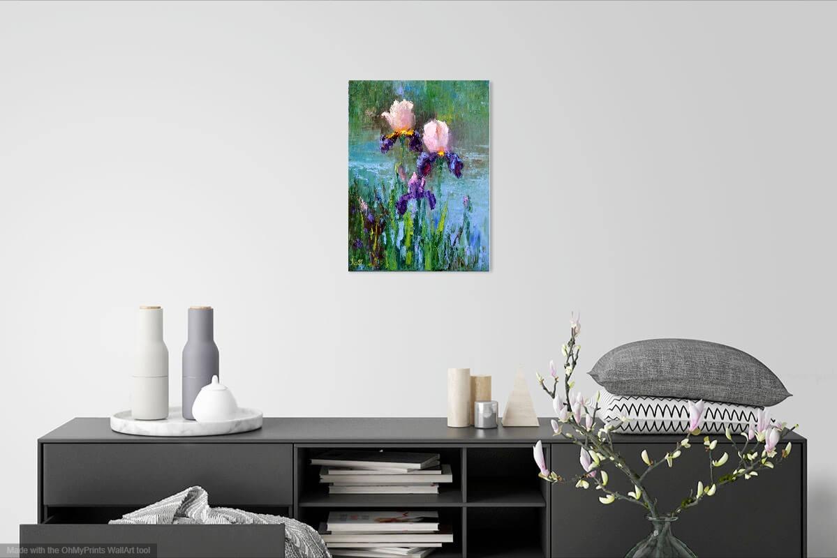 Peinture à l'huile Three Irises by the pond 40X30 en vente 16
