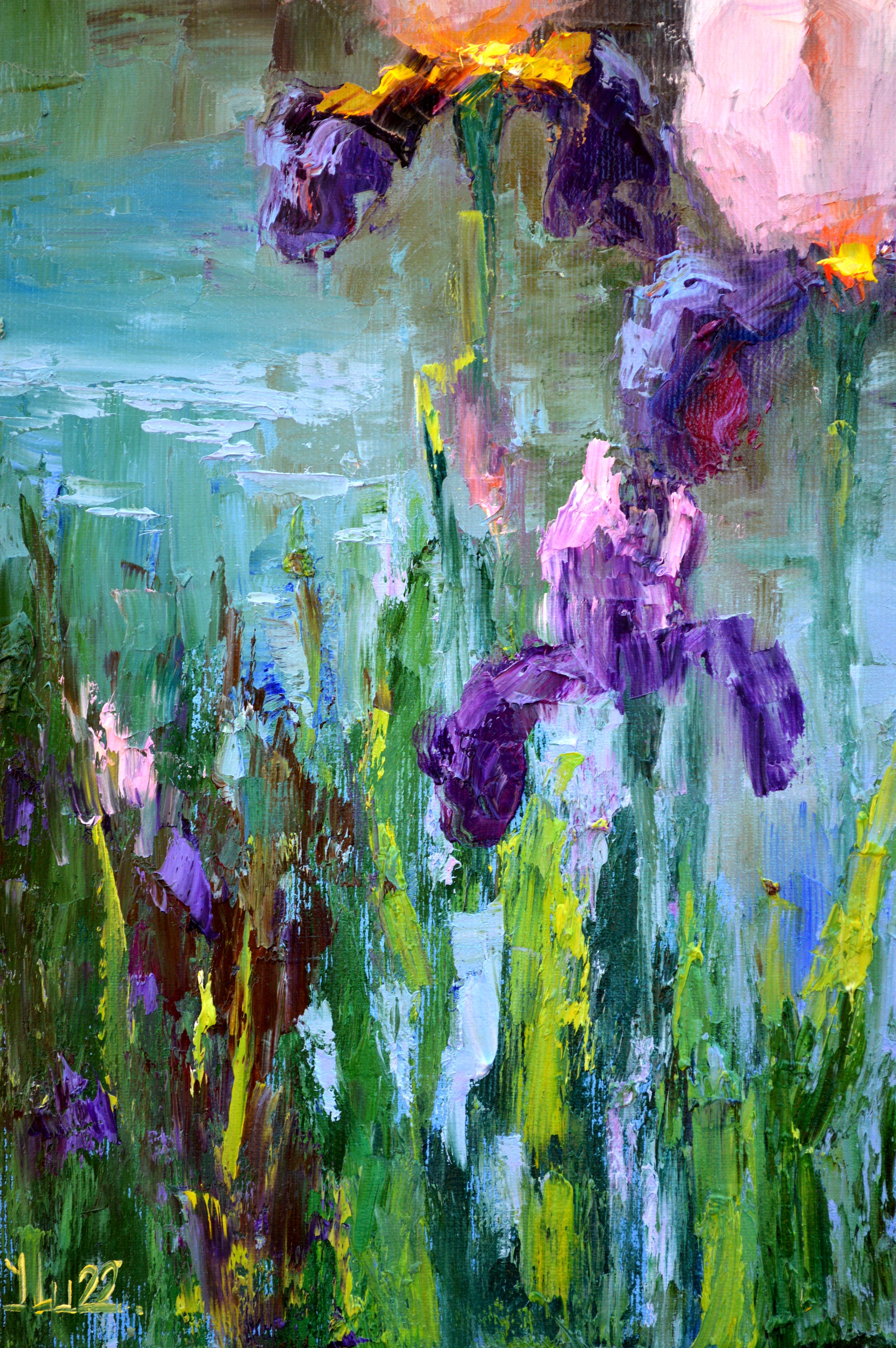 Peinture à l'huile Three Irises by the pond 40X30 - Expressionniste Painting par Elena Lukina