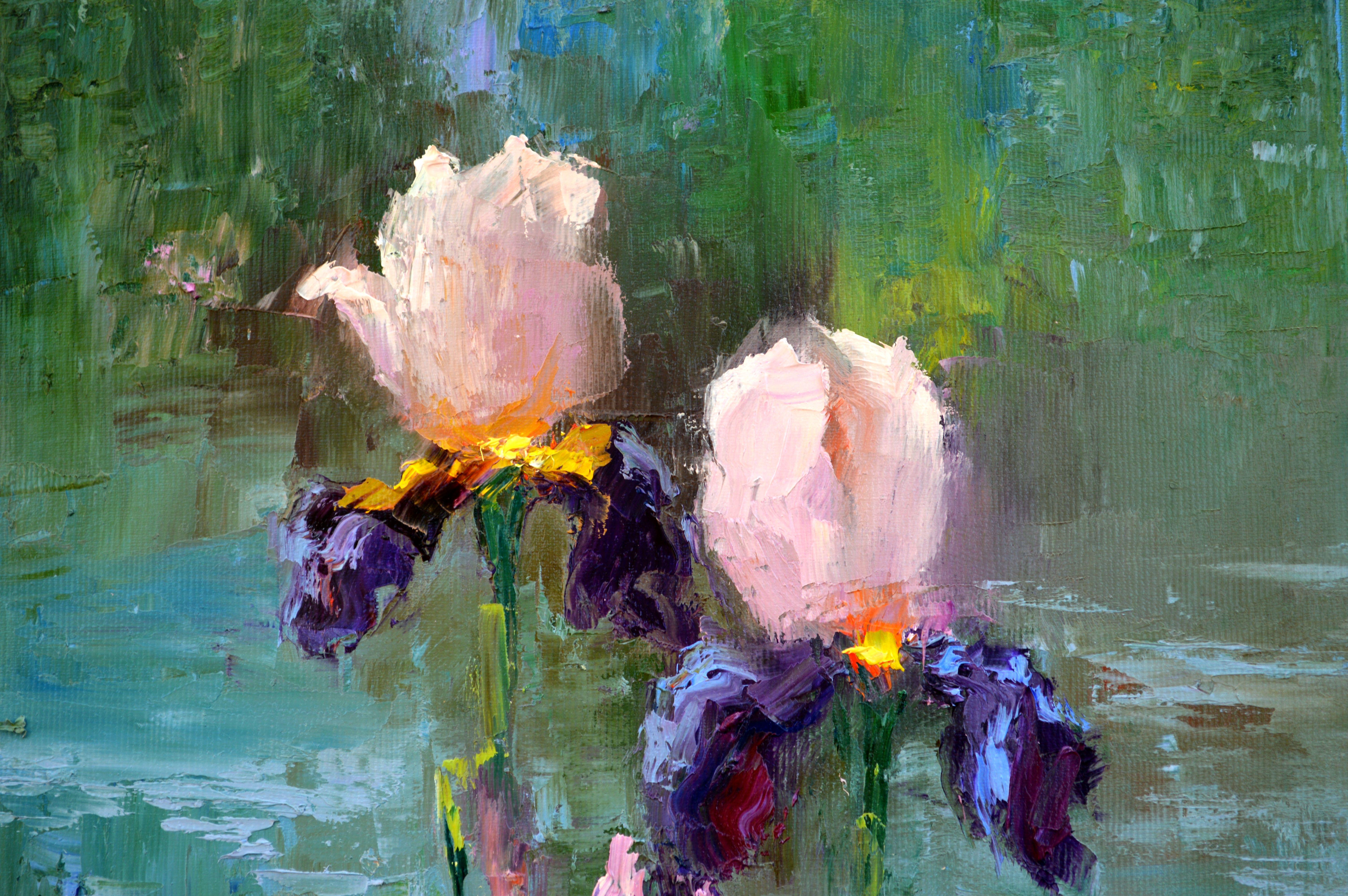 Three Irises by the pond 40X30 oil painting - Expressionist Painting by Elena Lukina