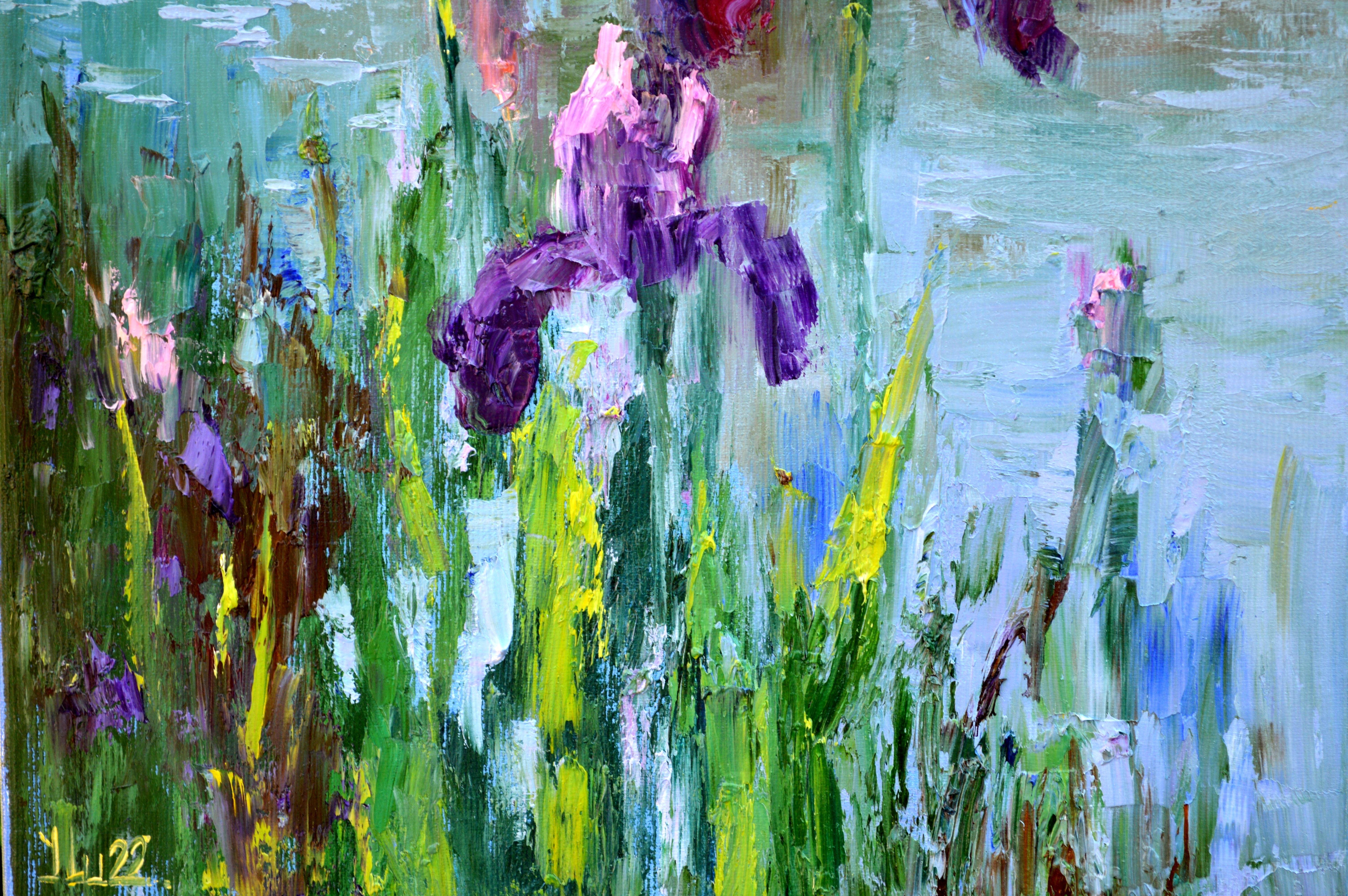 Peinture à l'huile Three Irises by the pond 40X30 en vente 2