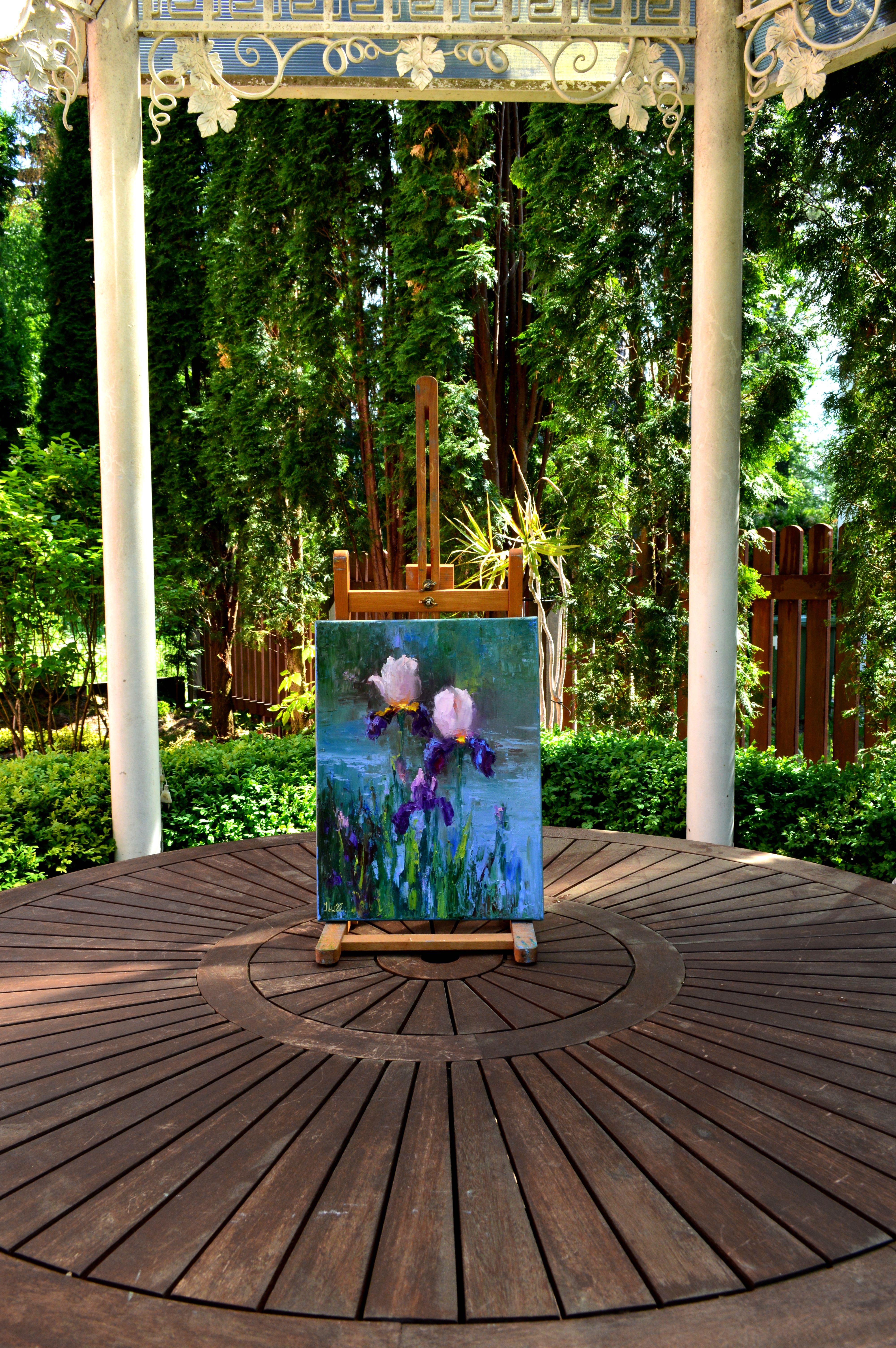 Peinture à l'huile Three Irises by the pond 40X30 en vente 3
