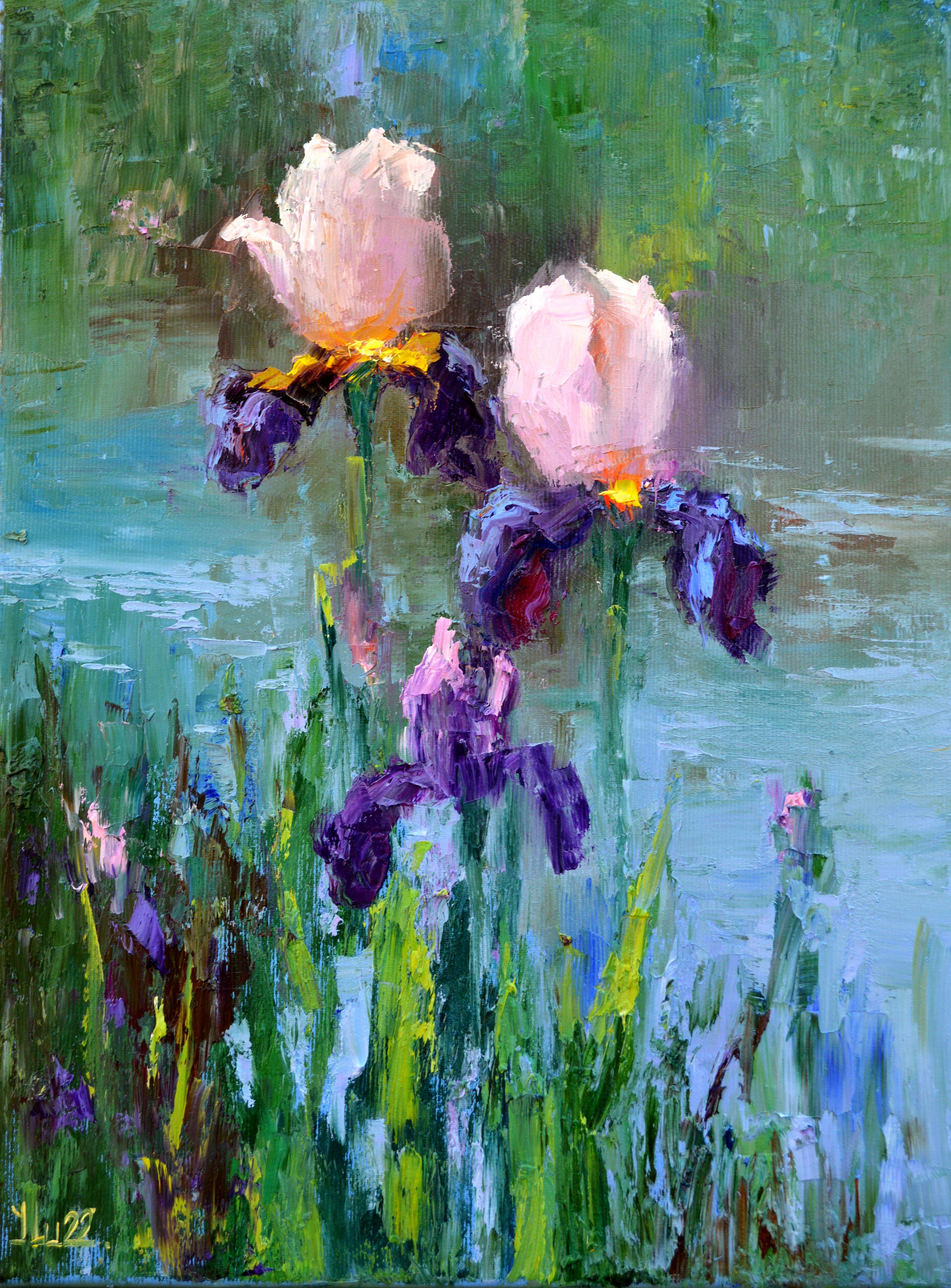 Landscape Painting Elena Lukina - Peinture à l'huile Three Irises by the pond 40X30