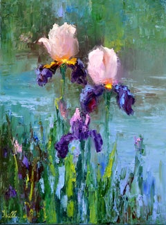 Peinture à l'huile Three Irises by the pond 40X30