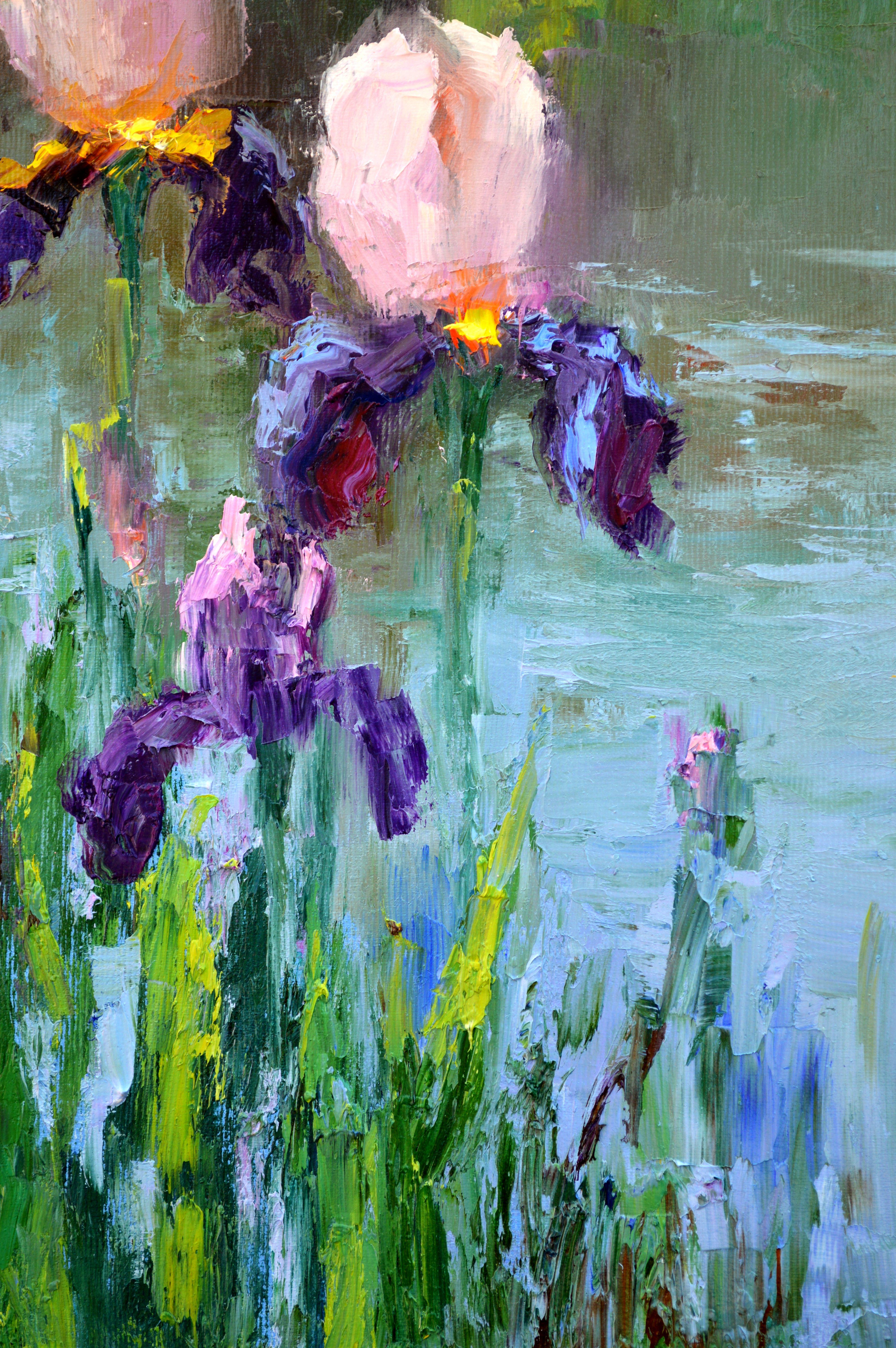 Tres lirios junto al estanque - Landscape Painting Azul de Elena Lukina