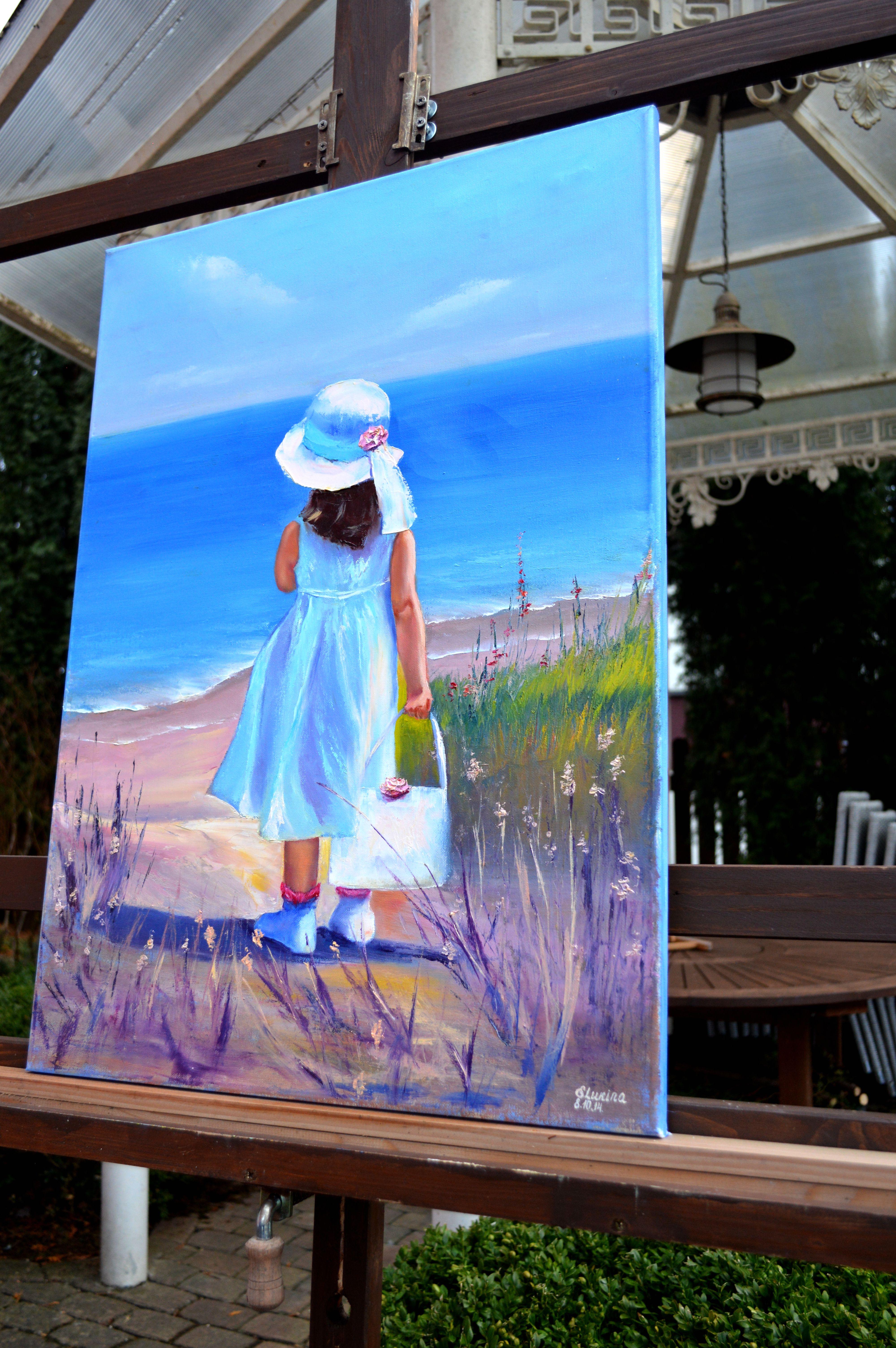 To the beach! - Gray Figurative Painting by Elena Lukina