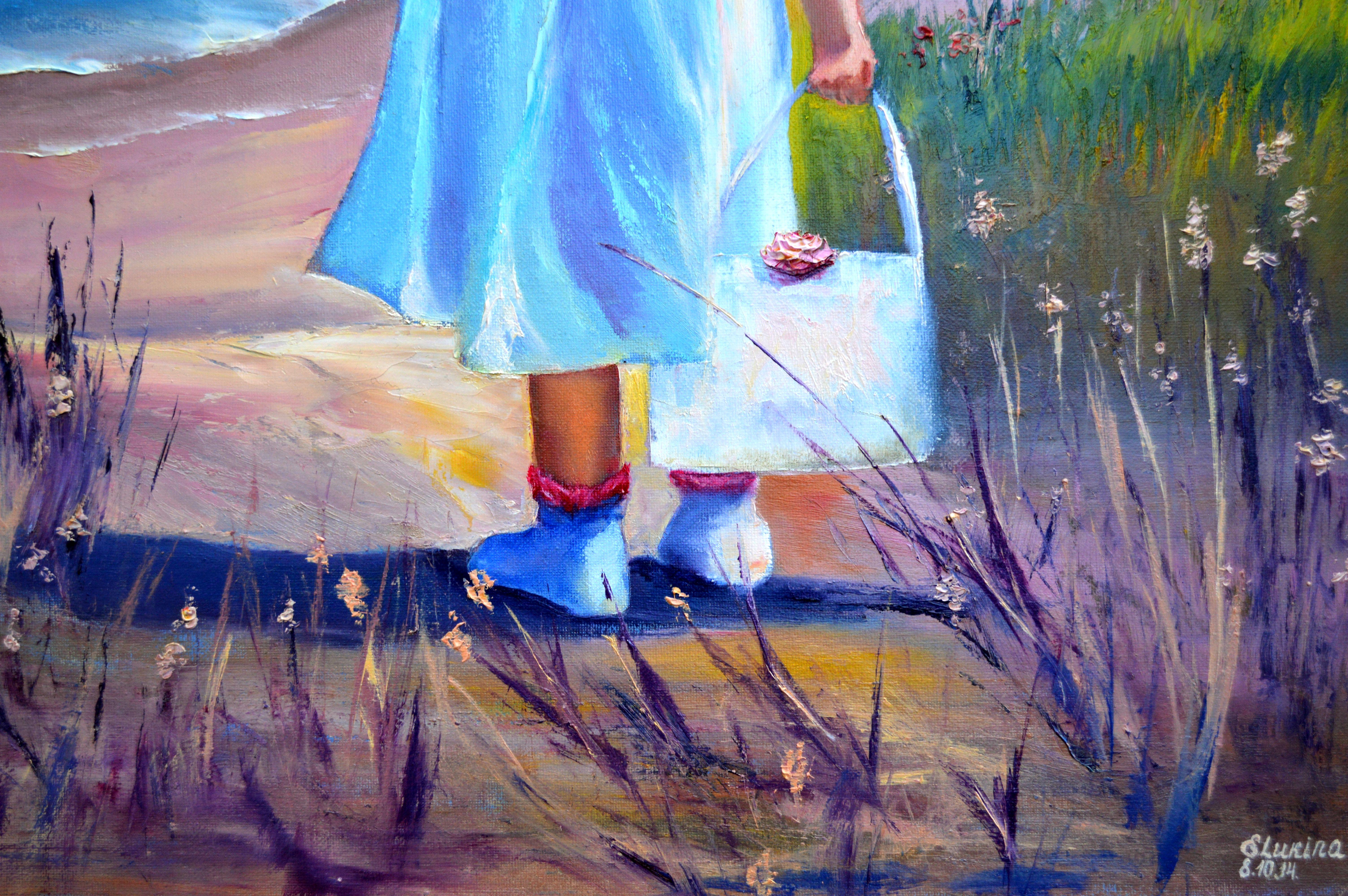 In this oil painting, I've poured my passion into capturing a moment of pure, serene anticipation. The subject, viewed from behind, gazes upon the vast, vibrant ocean, embodying a sense of wonder and infinite possibility. Wildflowers and soft sands