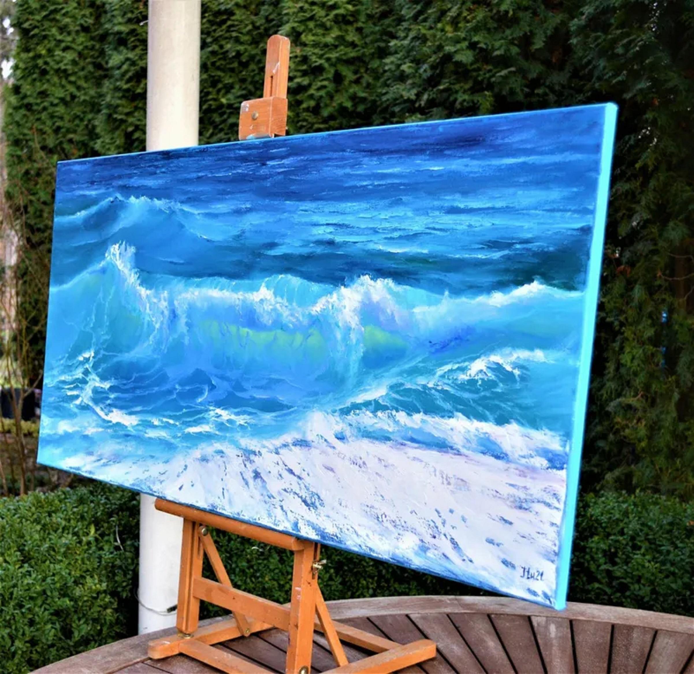 In diesem Ölgemälde habe ich die raue, dynamische Energie des Meeres eingefangen. Durch die Verwendung von Expressionismus und Impressionismus evozieren die lebhaften Farben und kühnen Striche die Kraft und Majestät der Meereswellen. Er ist ein