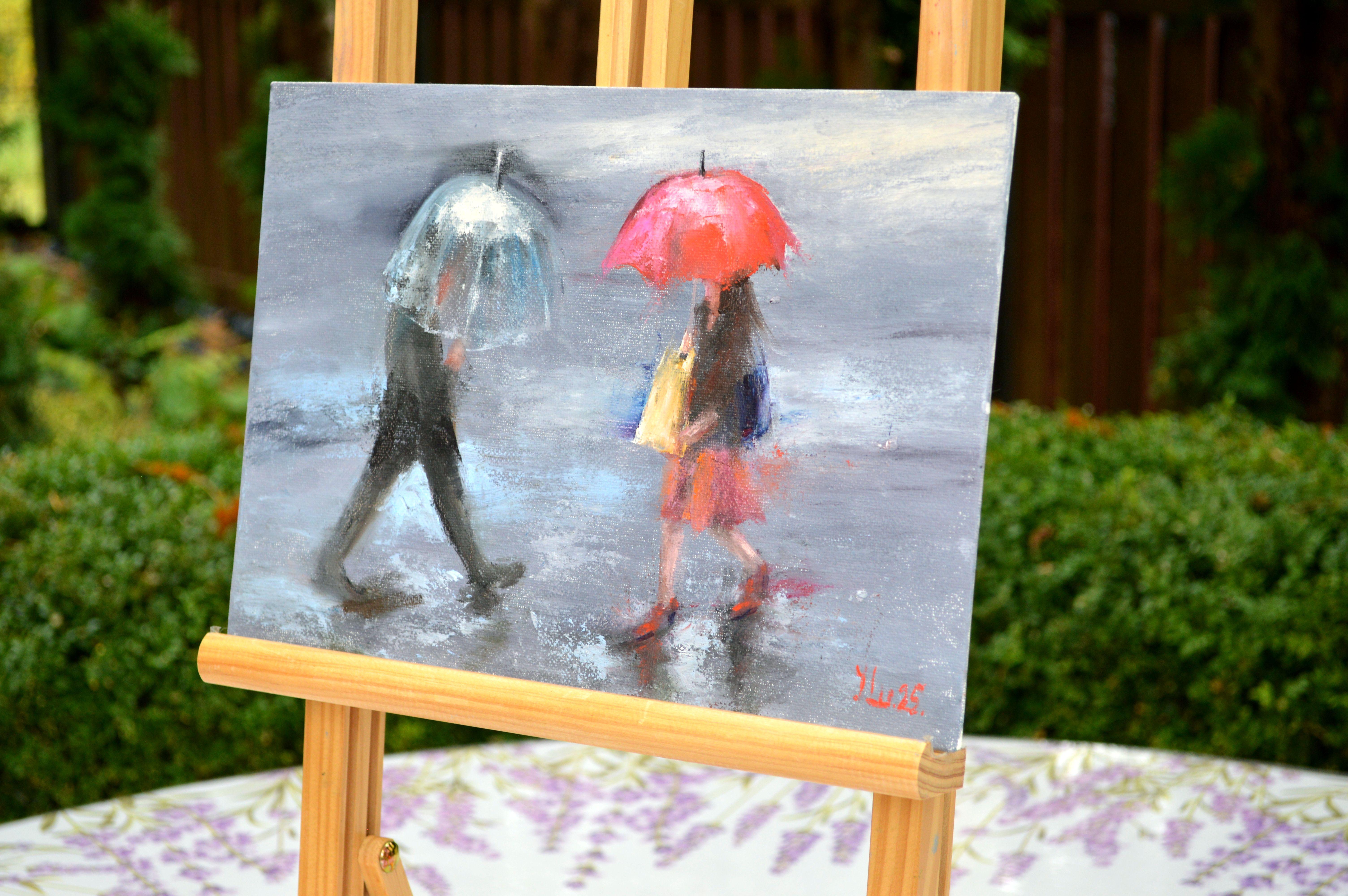 Two Under the Rain - Gray Figurative Painting by Elena Lukina