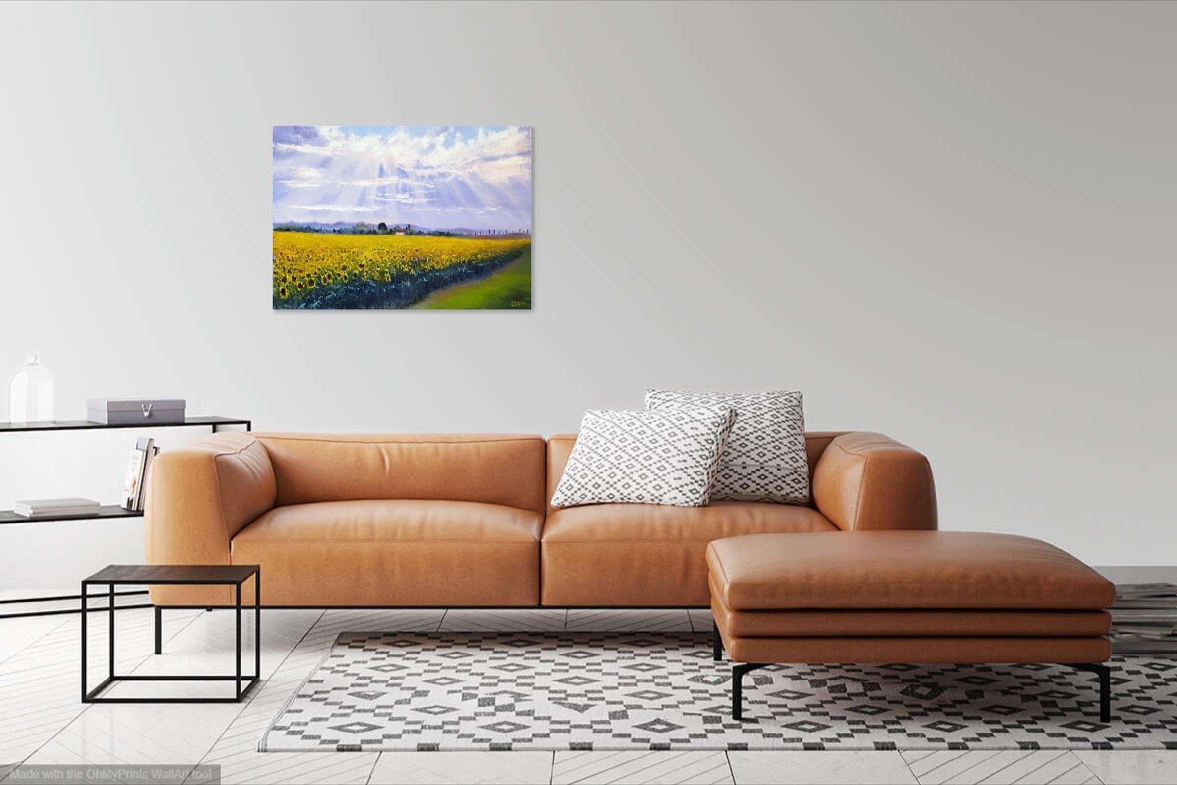 This piece is a vibrant celebration of nature's beauty and light's transformative power. Layered with oil, each brushstroke contributes to the vivid visual symphony. The sun, breaking through the clouds, bathes the sunflower field in a warm, radiant