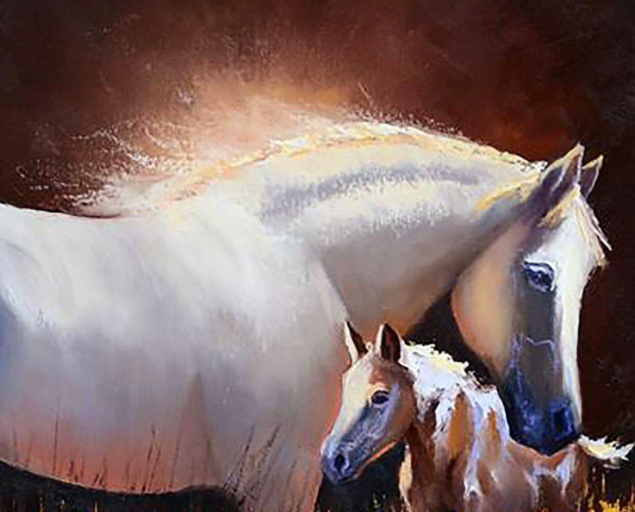 En este cuadro, intenté captar la conexión íntima y serena entre una madre caballo y su potro en medio de un espléndido campo dorado. El uso del óleo realza la luminosidad y la profundidad, creando un contraste con el fondo oscuro y misterioso, que
