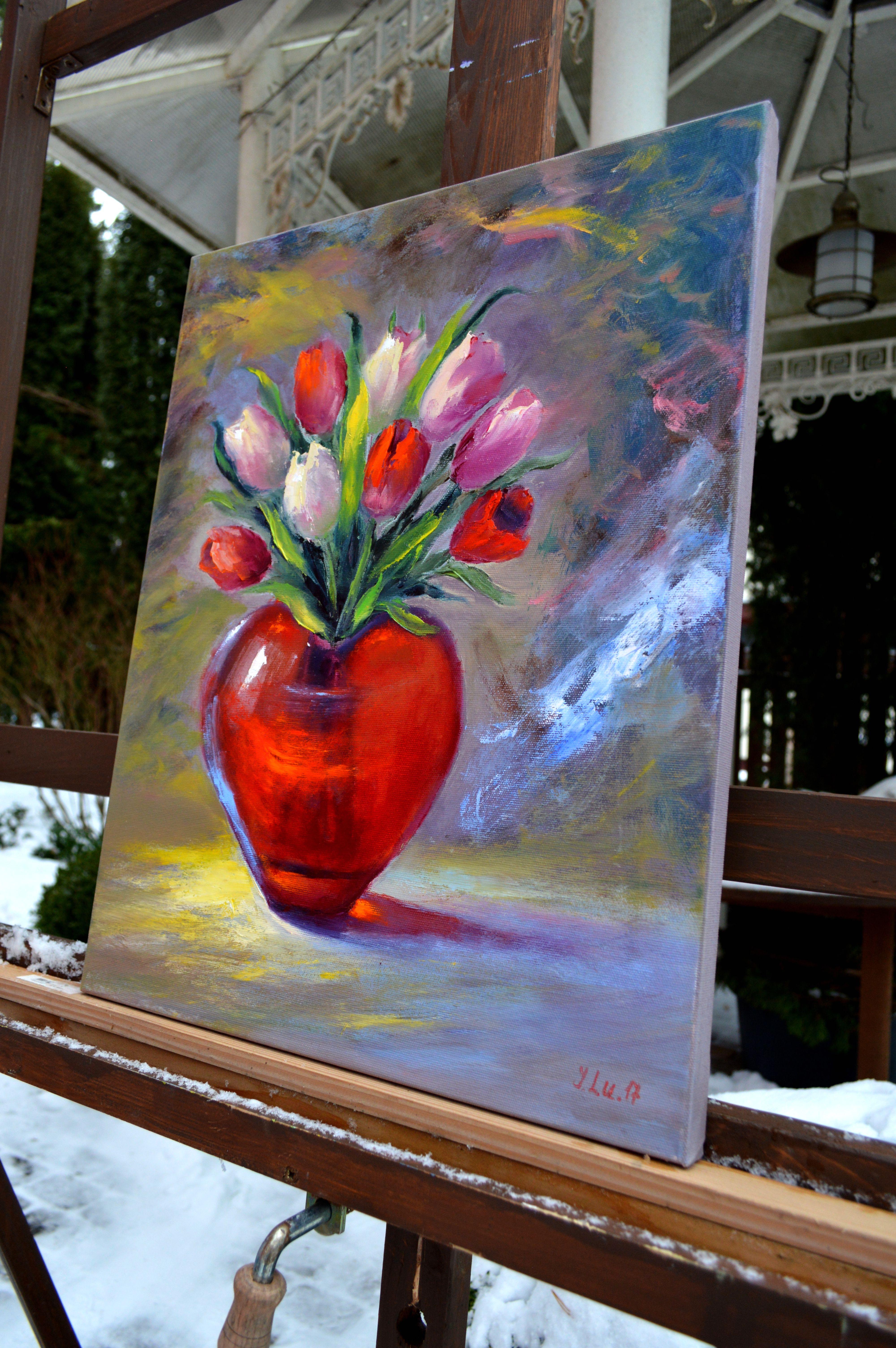 Dans cette peinture à l'huile fervente, j'ai canalisé l'éclat de la passion et la tendresse de l'affection à travers un bouquet de tulipes luxuriantes bercées dans un vase rouge étincelant. Les traits expressifs et les teintes vives incarnent un