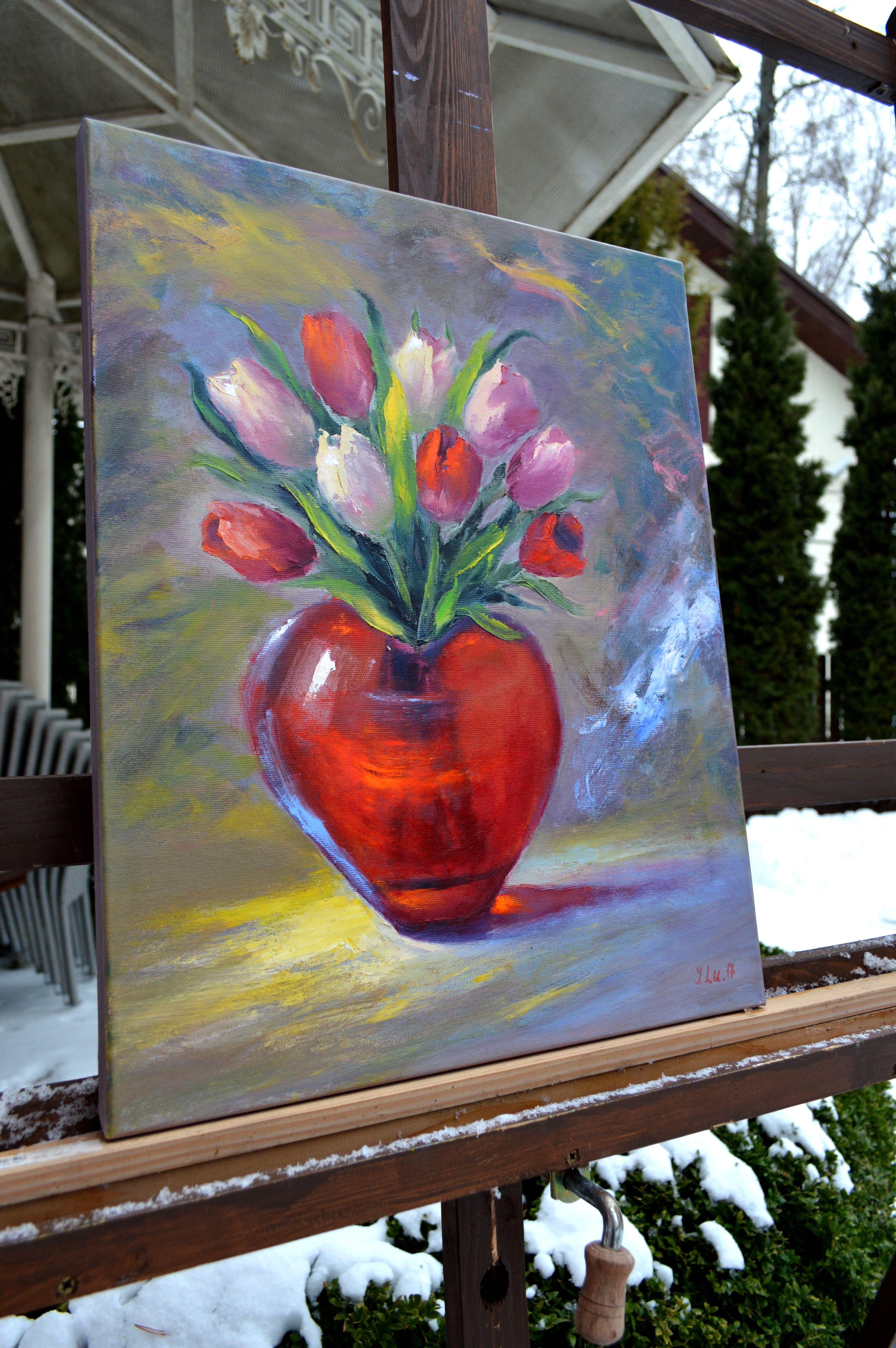 Dans cette peinture à l'huile fervente, j'ai canalisé l'éclat de la passion et la tendresse de l'affection à travers un bouquet de tulipes luxuriantes bercées dans un vase rouge étincelant. Les traits expressifs et les teintes vives incarnent un