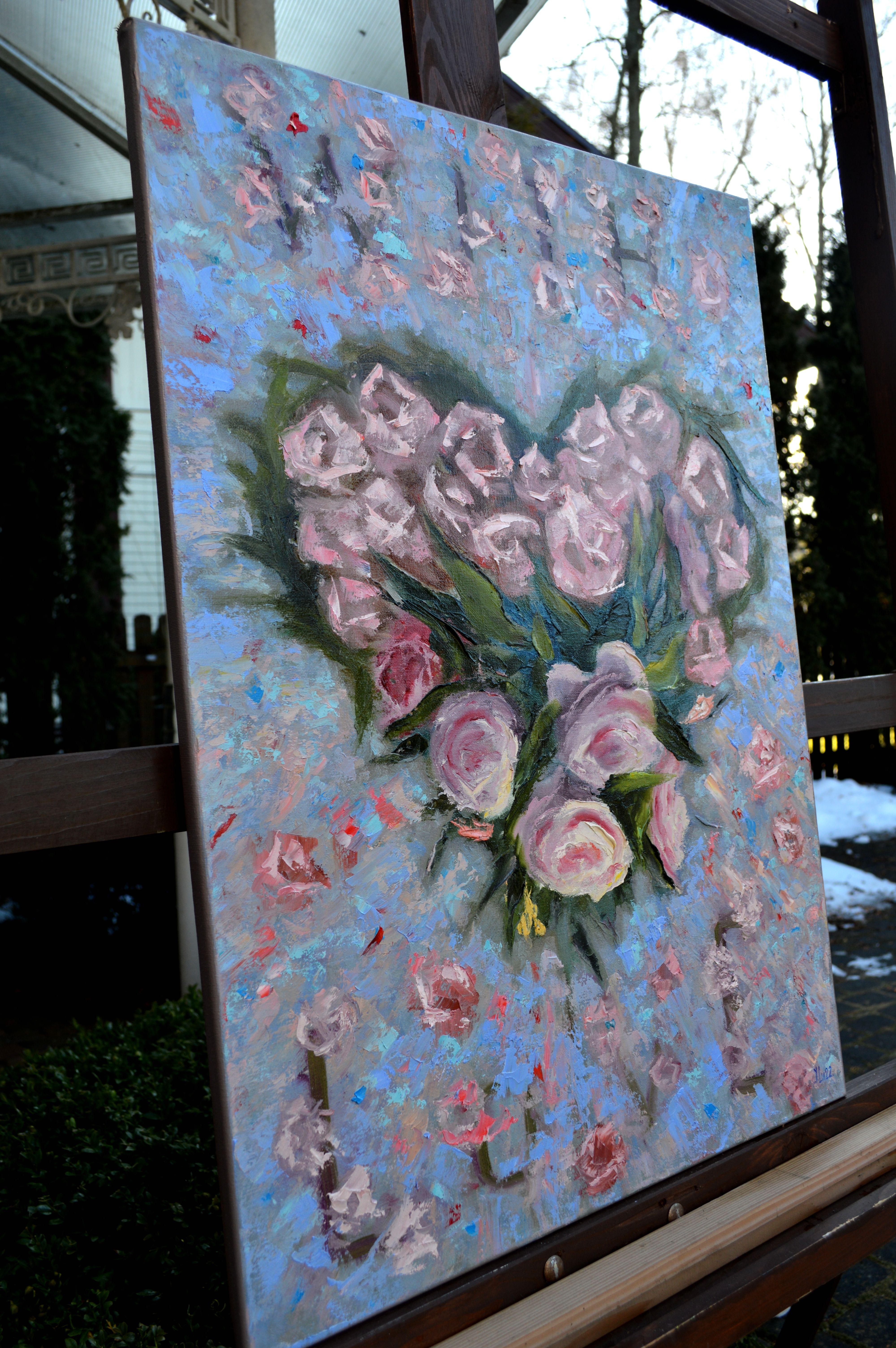 In diesem bezaubernden Ölgemälde habe ich die zarte Essenz der Liebe durch einen romantischen Rosenstrauß eingefangen. Jeder Strich ist von leidenschaftlicher Energie durchdrungen und verkörpert bildende Kunst und impressionistisches Flair. Die