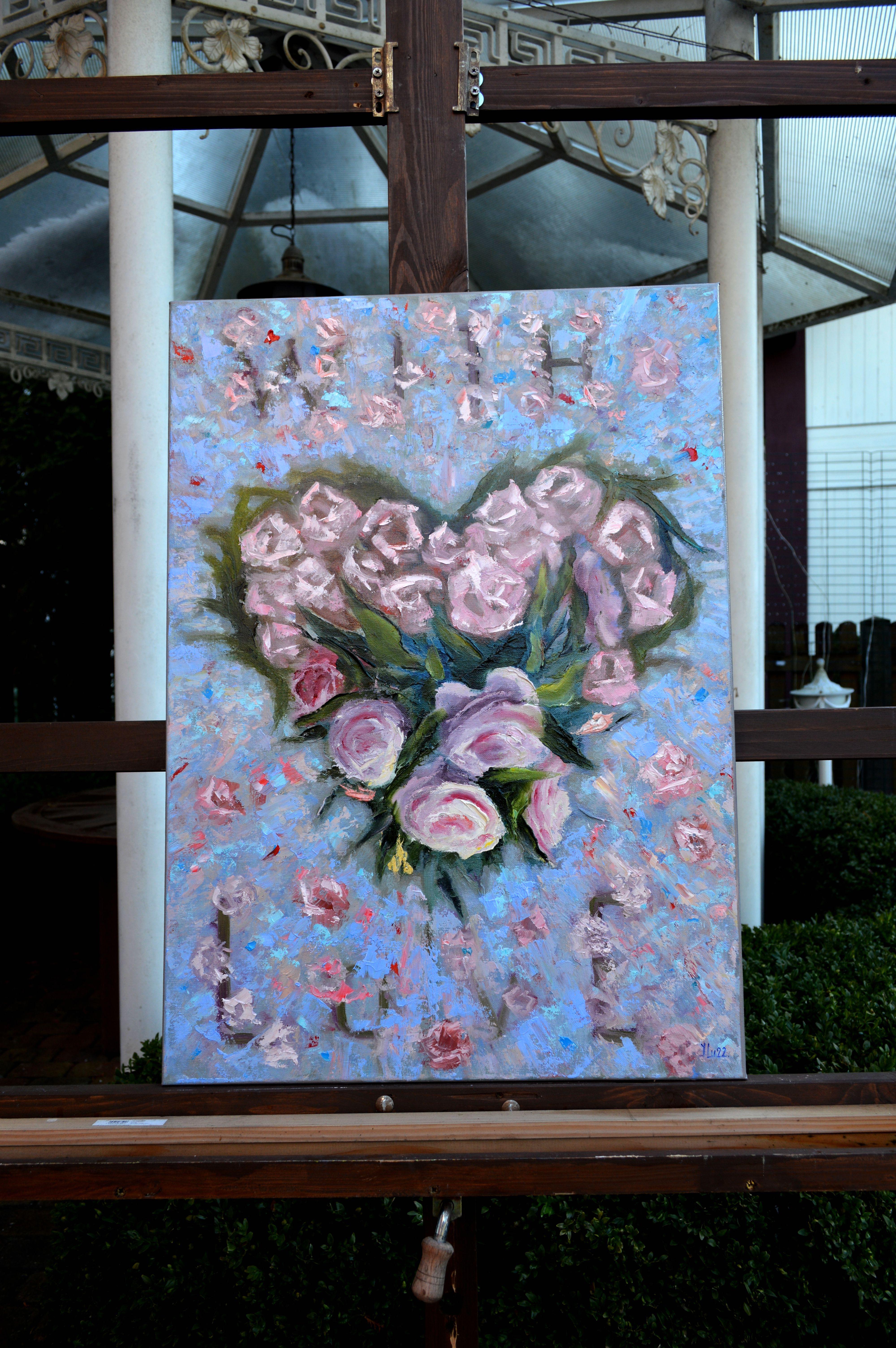 In this enchanting oil painting, I've captured the tender essence of love through a romantic bouquet of roses. Every stroke is infused with impassioned energy, embodying fine art and impressionistic flair. The symbolic heart shape formed by the