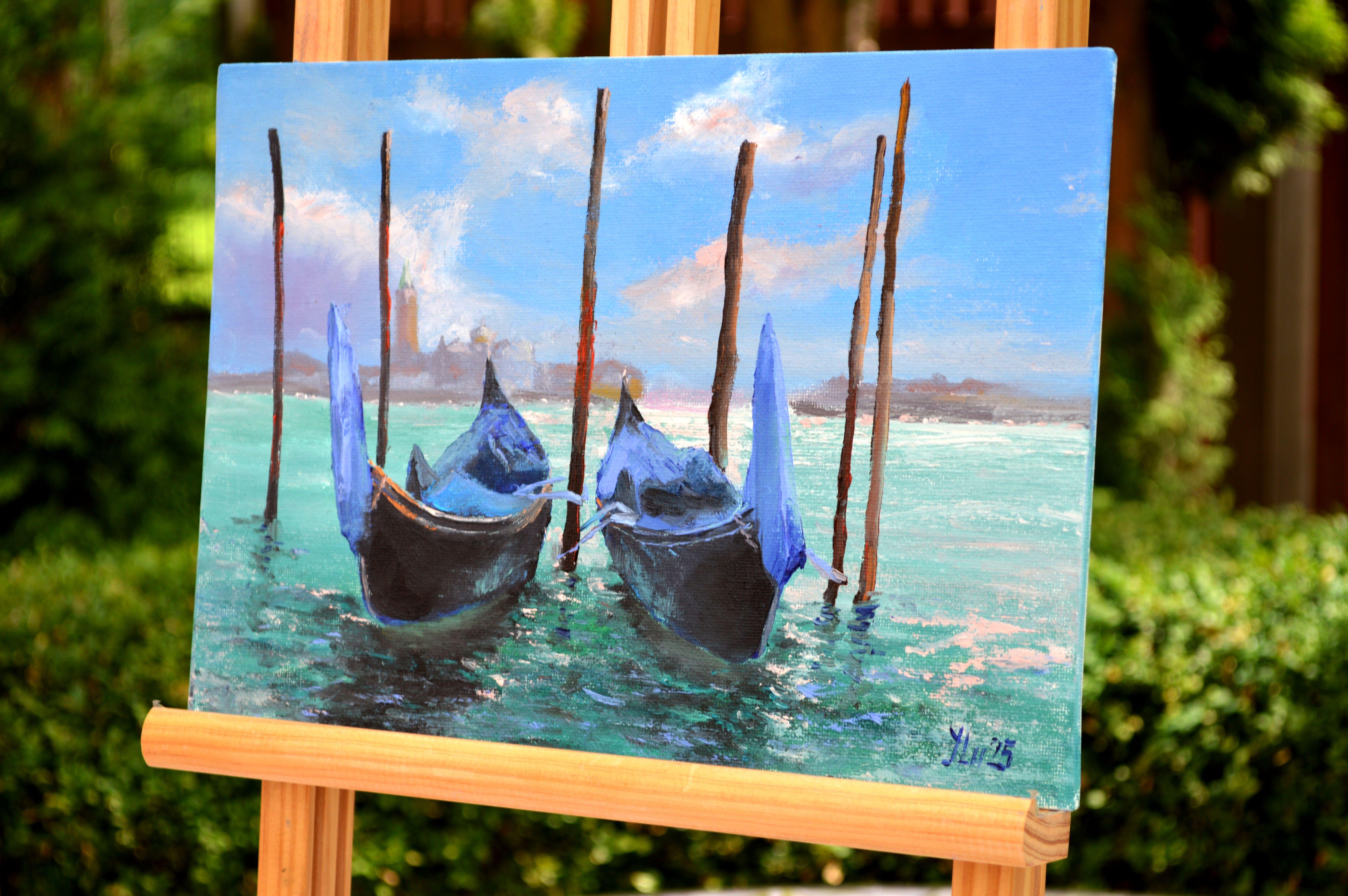 Góndolas venecianas 4 - Landscape Painting Azul de Elena Lukina