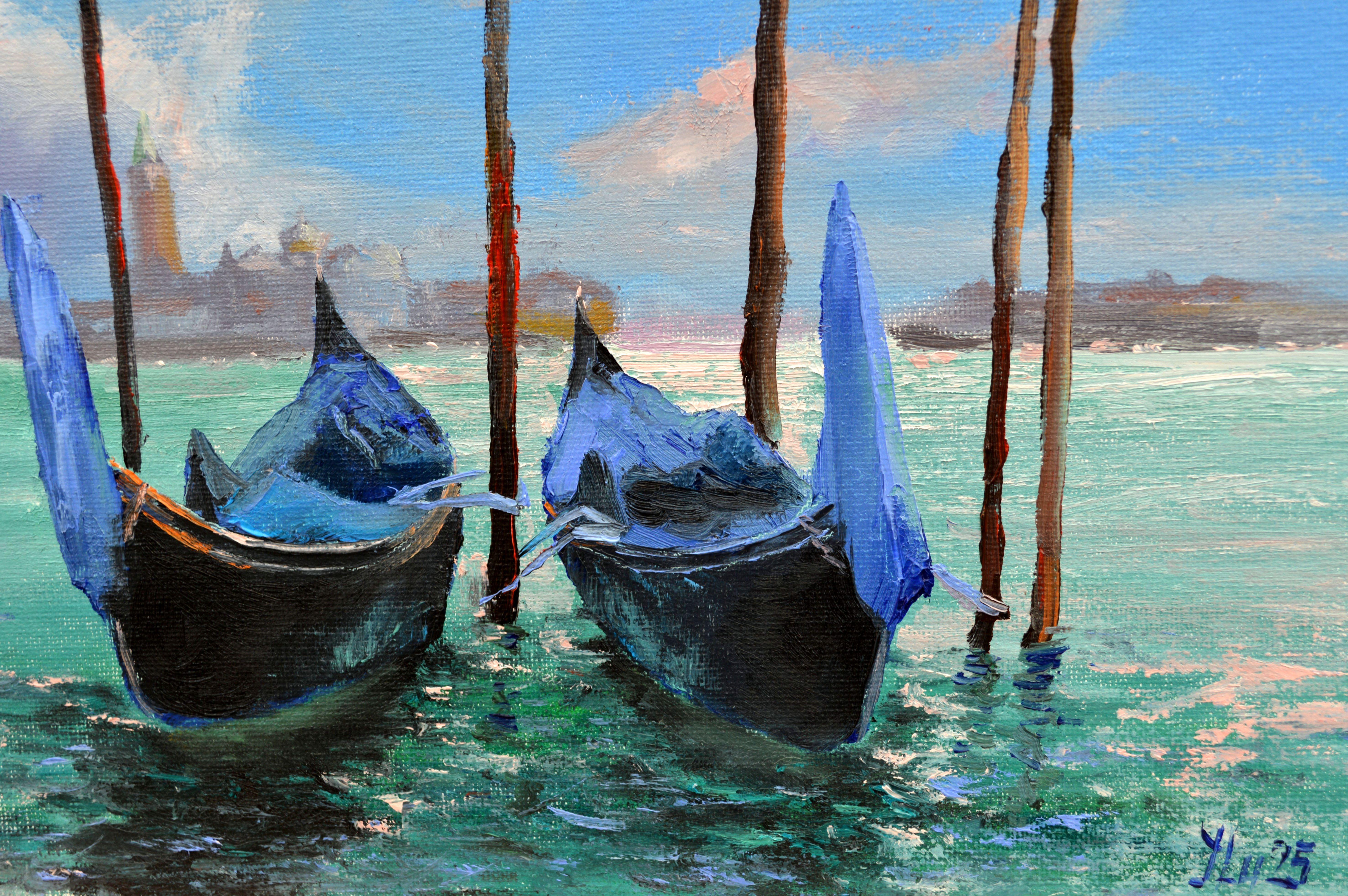 En esta pieza, capté la tranquila esencia de las góndolas venecianas meciéndose suavemente en el agua. Mediante pinceladas expresivas y azules vibrantes, pretendía evocar reflejos pacíficos y belleza intemporal. Este óleo aporta energía tranquila y