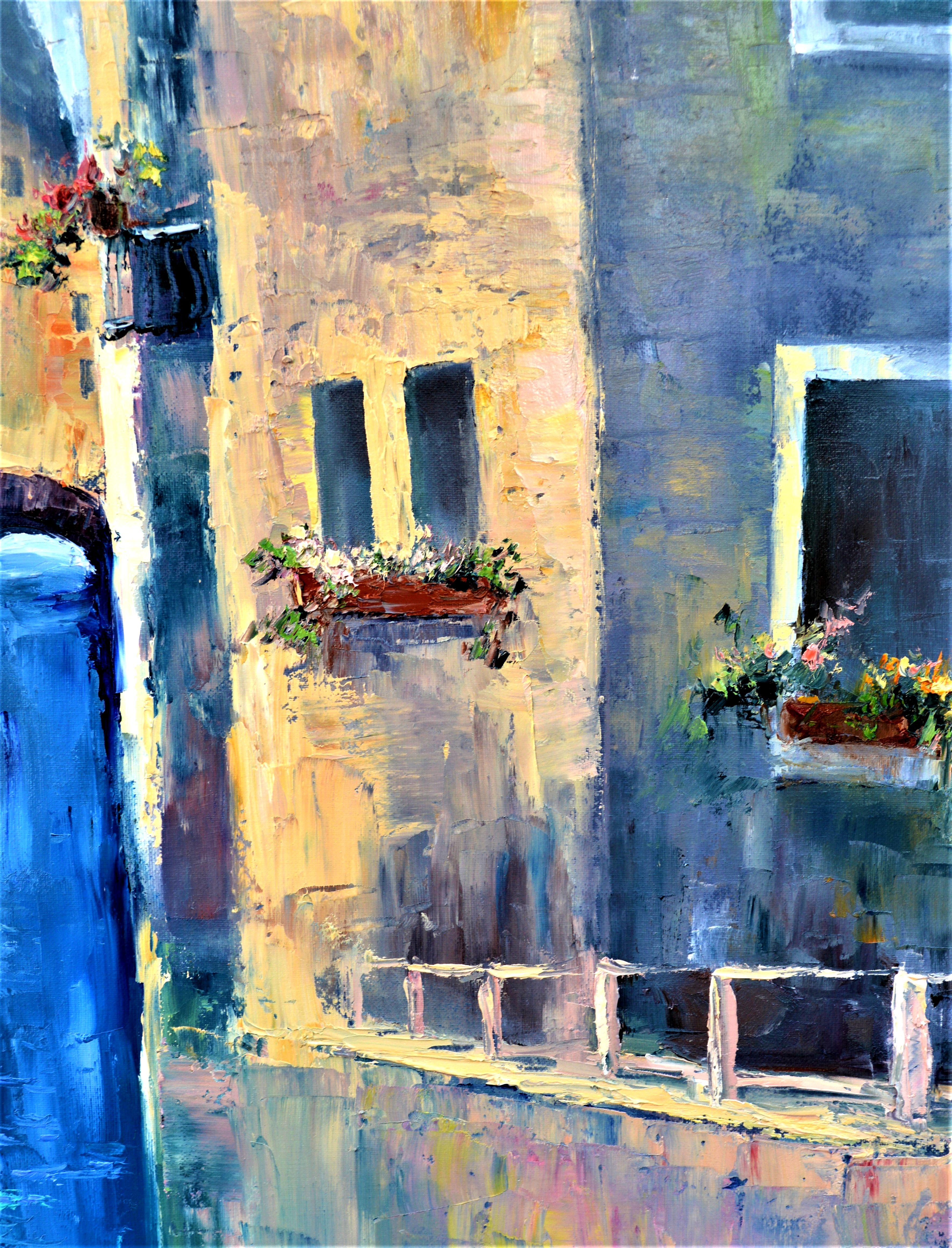 Imbued with my longing for the serene canals, this oil on canvas embodies my passion for the city's dance of light and shadow. Textured brushstrokes capture the fluidity of water and the warmth of sun-kissed walls, invoking the tranquil yet vibrant