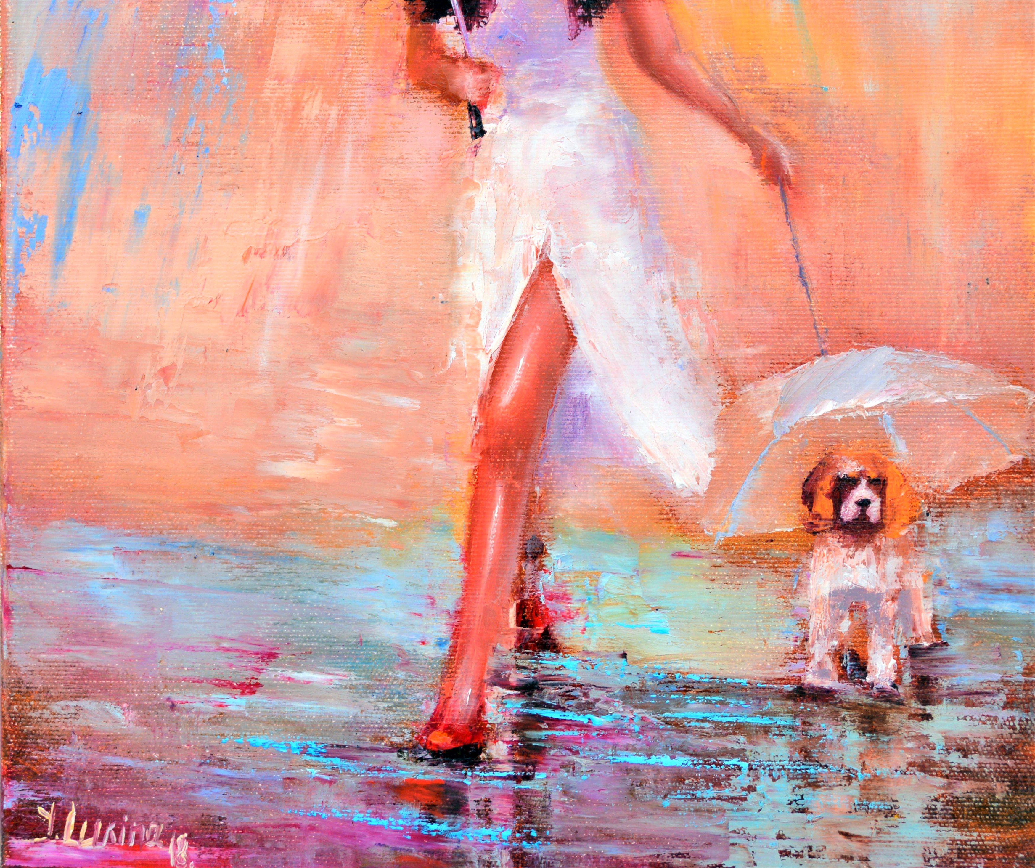 Walk under umbrella 40X30 Ölgemälde – Painting von Elena Lukina