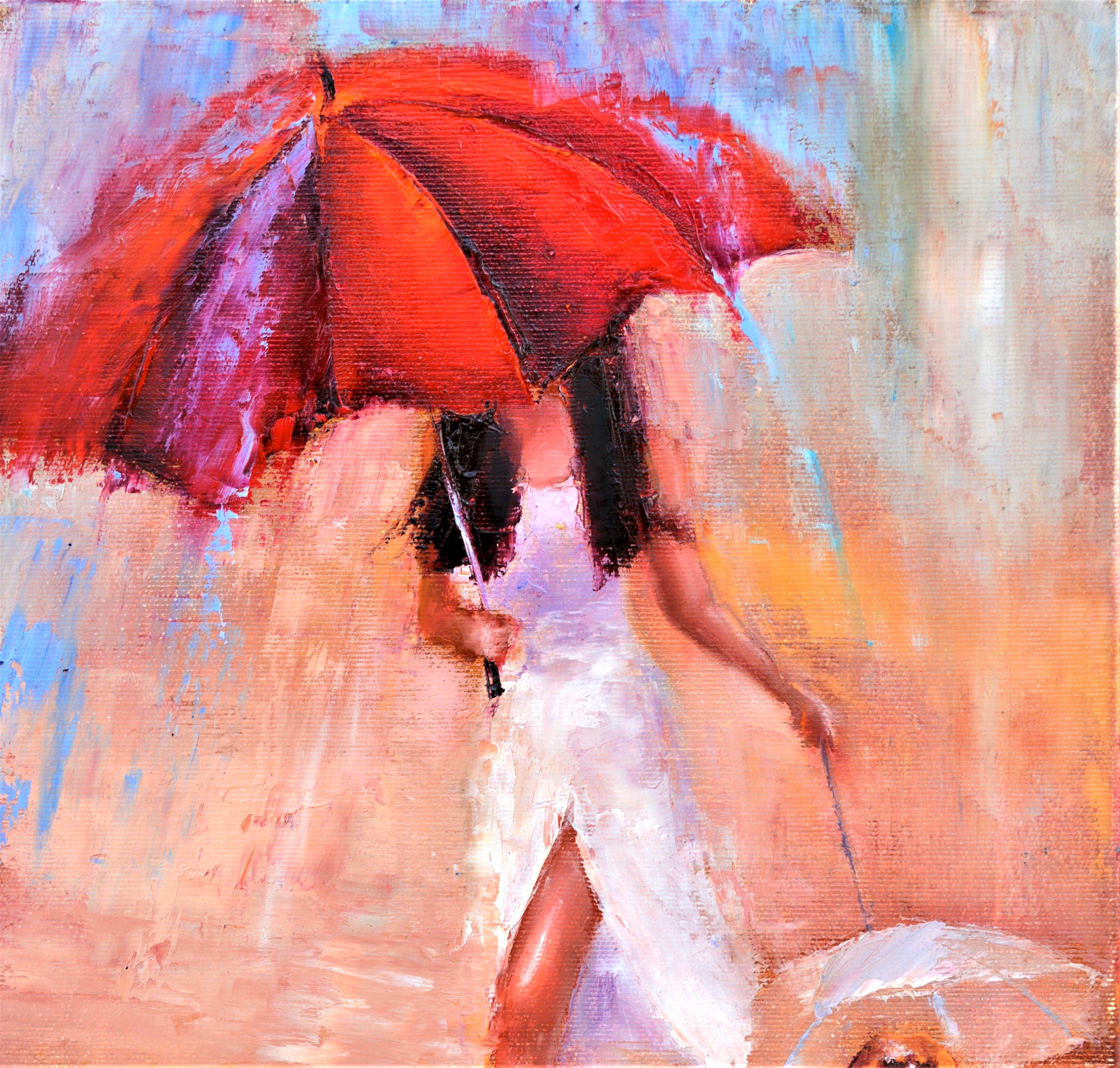 Marche sous le parapluie 40X30 huile, cadeaux de Saint-Valentin art - Expressionniste Painting par Elena Lukina