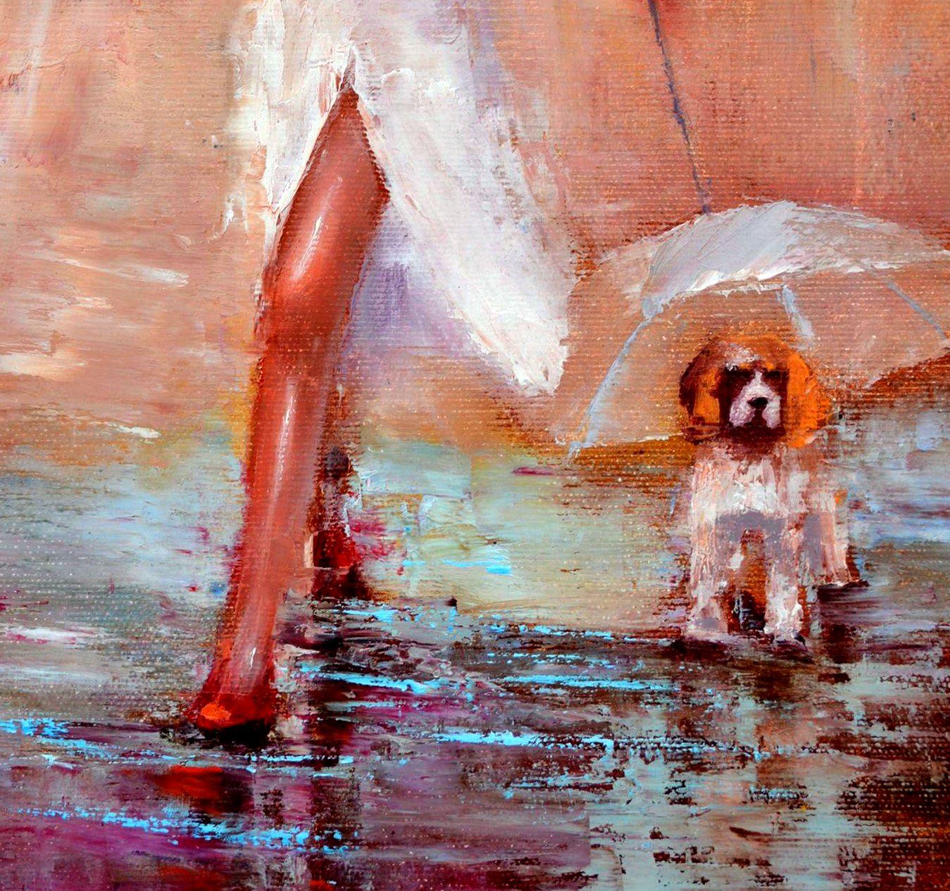 In this oil painting, I've captured a serene stroll, both playful and introspective. The vibrant umbrella stands against the soothing backdrop, a dance of color and light, invoking a sense of calm during life's storms. It's an embrace of joy and