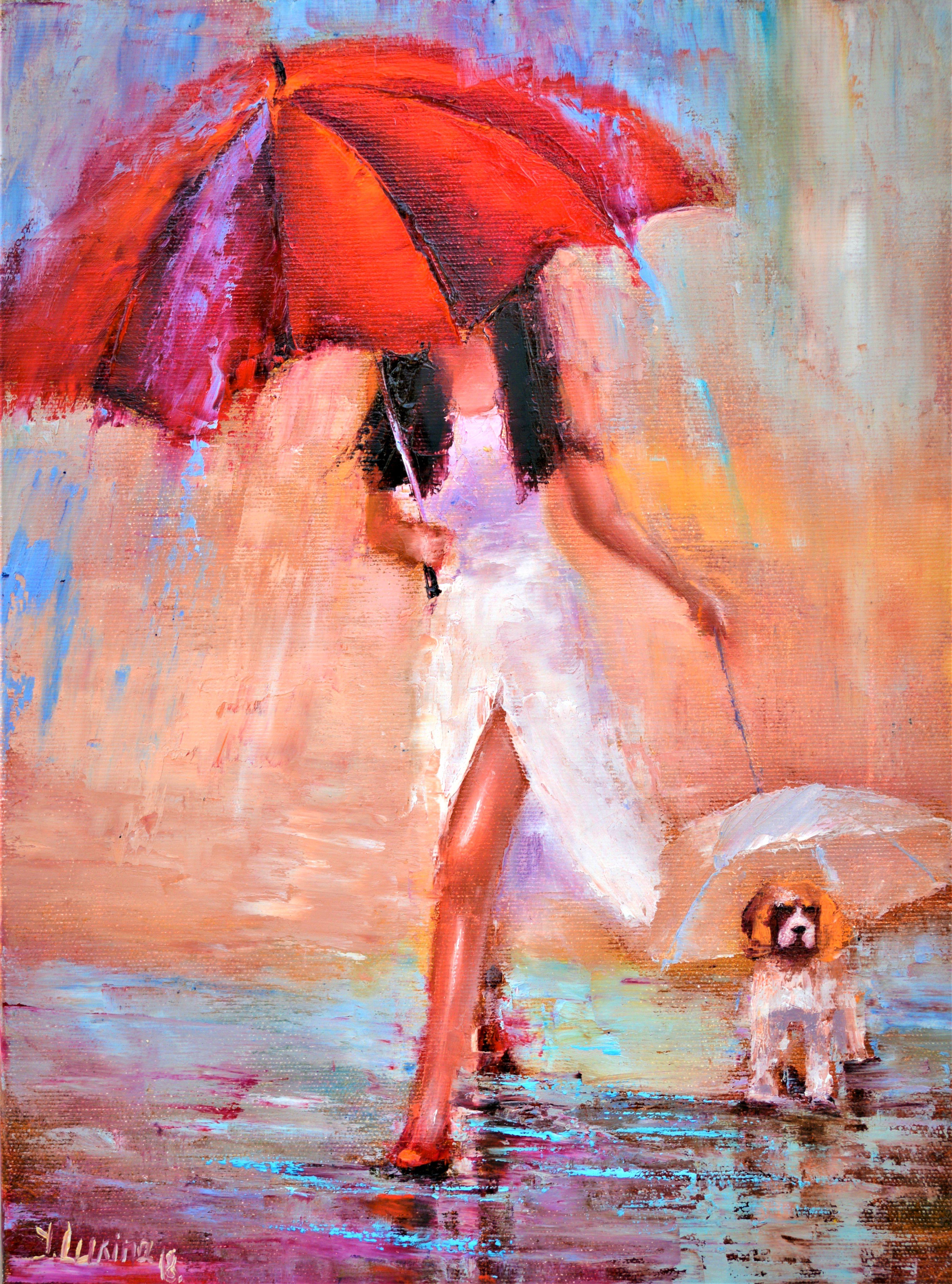 Figurative Painting Elena Lukina - Marche sous le parapluie 40X30 huile, cadeaux de Saint-Valentin art
