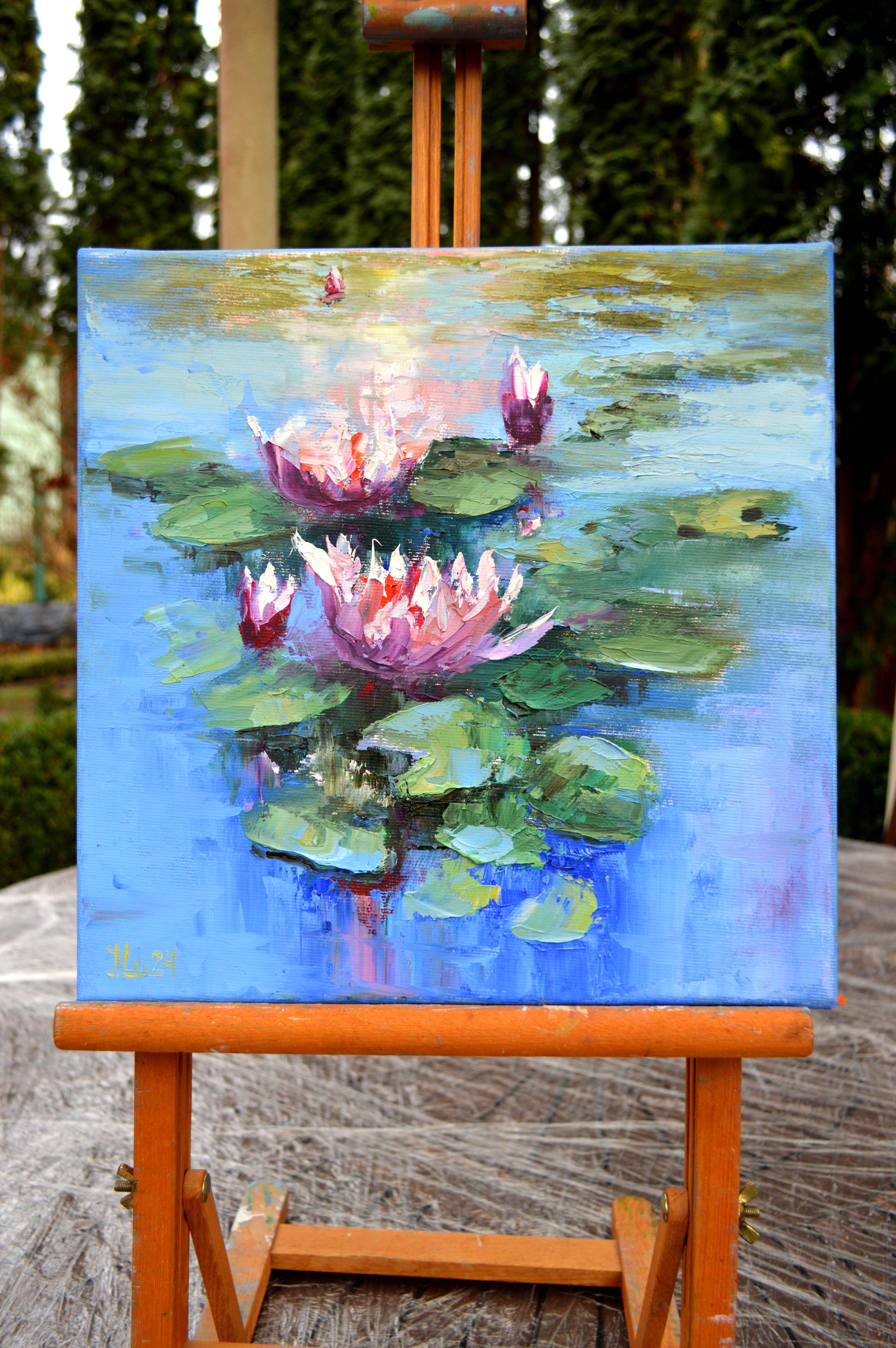 In creating this painting, I was inspired by the tranquil beauty of water lilies. I aimed to capture their serene essence and the dynamic interplay of light on water. This piece blends impressionistic touches with vivid expressionism, while realism