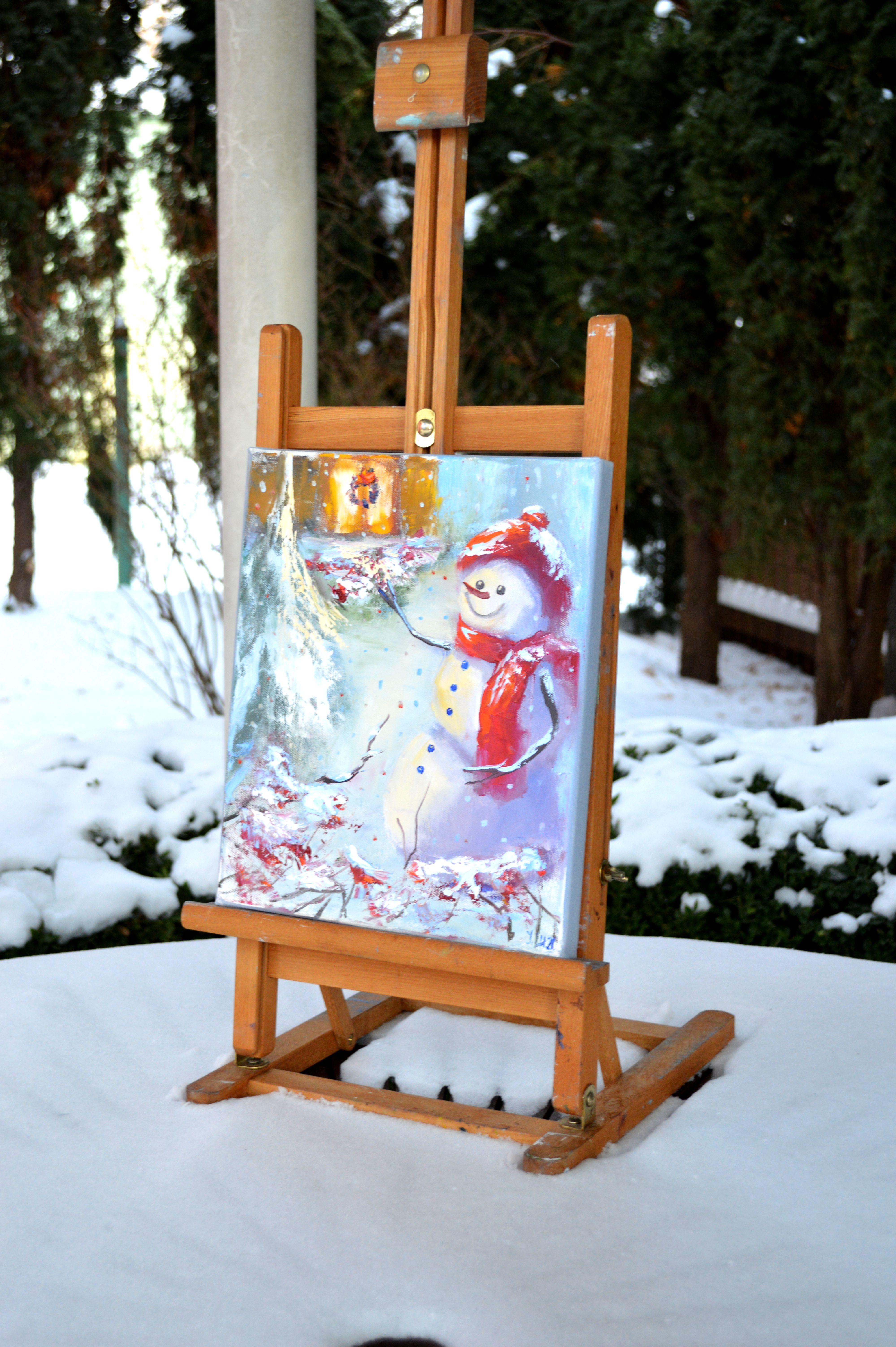 Dans cette peinture à l'huile, j'ai capturé l'essence joyeuse de l'enchantement de l'hiver. Le joyeux bonhomme de neige, paré de vêtements éclatants, incarne la chaleur de la saison face à la fraîcheur du paysage impressionniste. Des mouchetures de