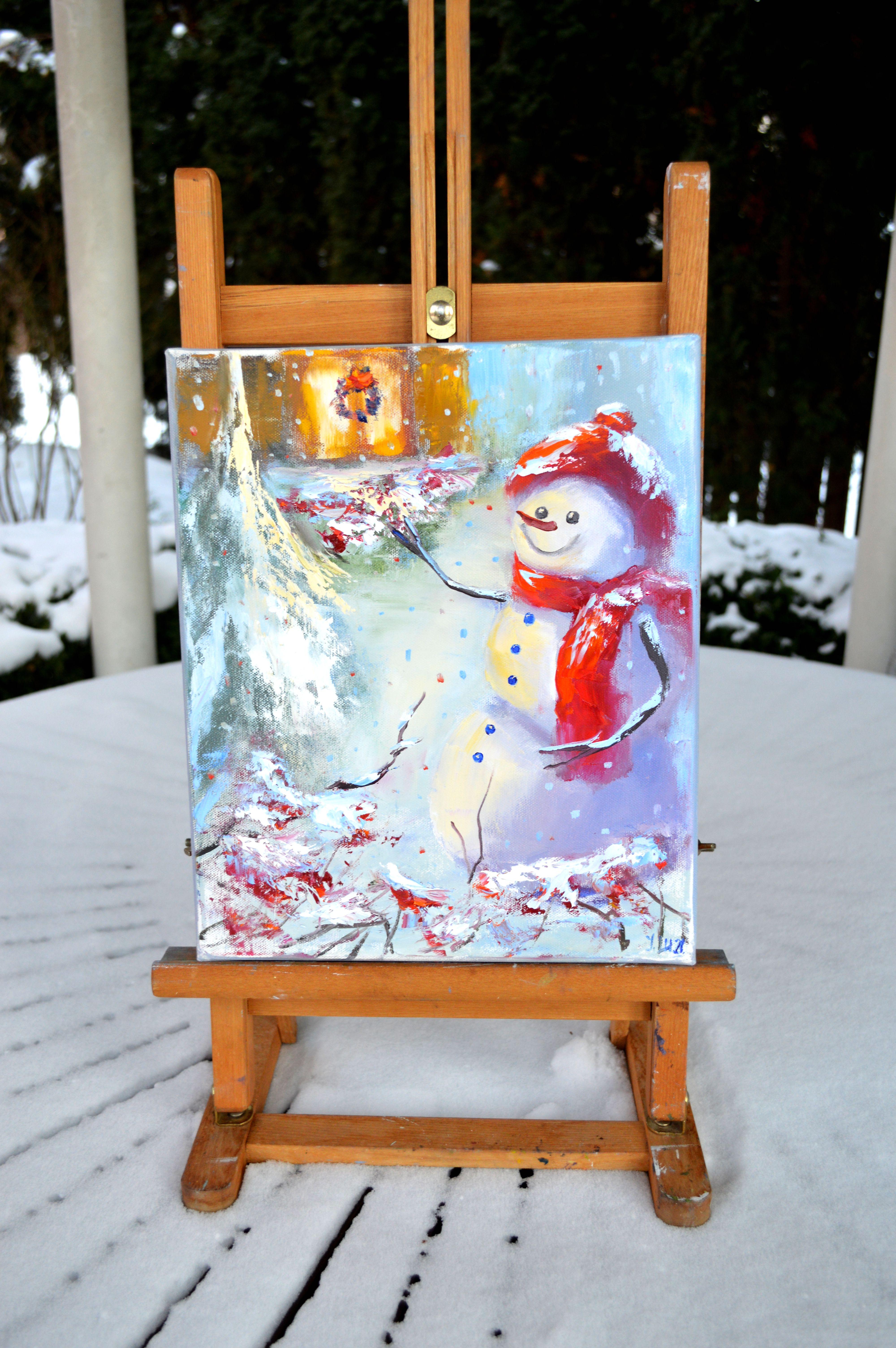 In this oil painting, I captured the joyful essence of winter's enchantment. The cheerful snowman, adorned in vibrant attire, embodies the warmth of the season against the cool, impressionistic landscape. Twinkling flecks of snow and lively