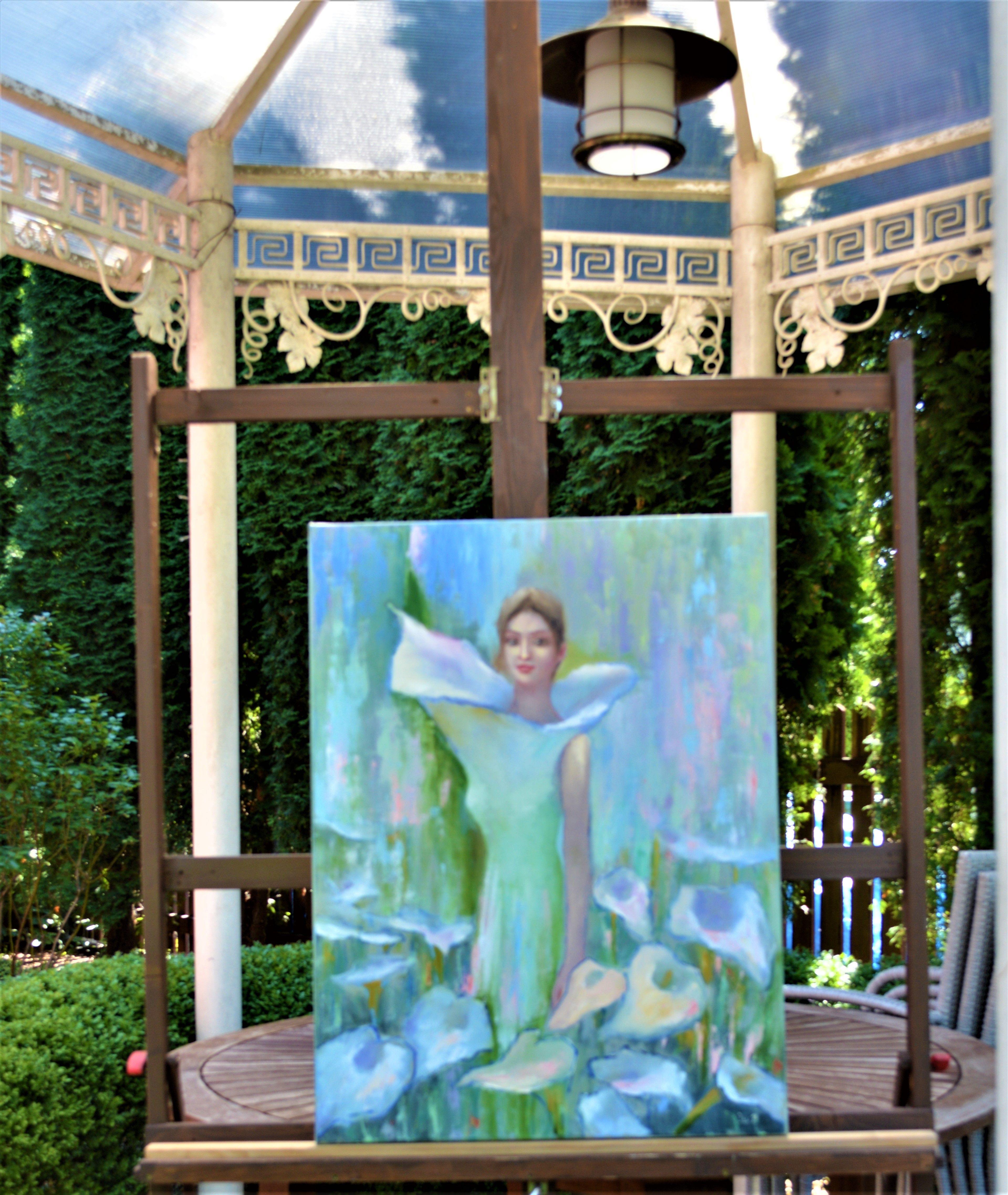 Fleur blanche - Bleu Figurative Painting par Elena Lukina