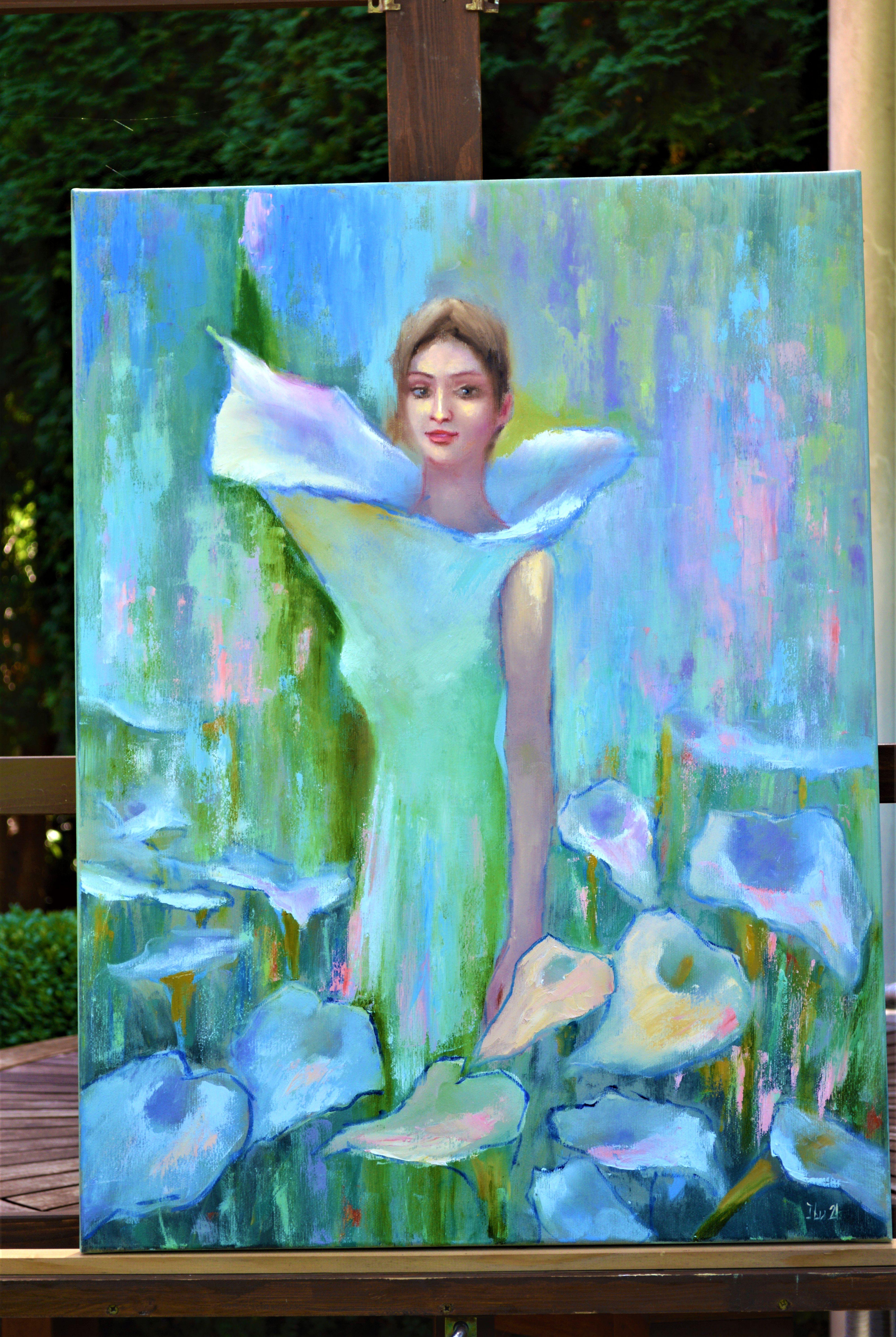 Dans cette peinture, j'ai cherché à fusionner le surréel et le naturel, en représentant une femme émergeant d'un paysage fantaisiste et fleuri qui se fond dans une ambiance de style vintage. Les doux coups de pinceau à l'huile évoquent une émotion