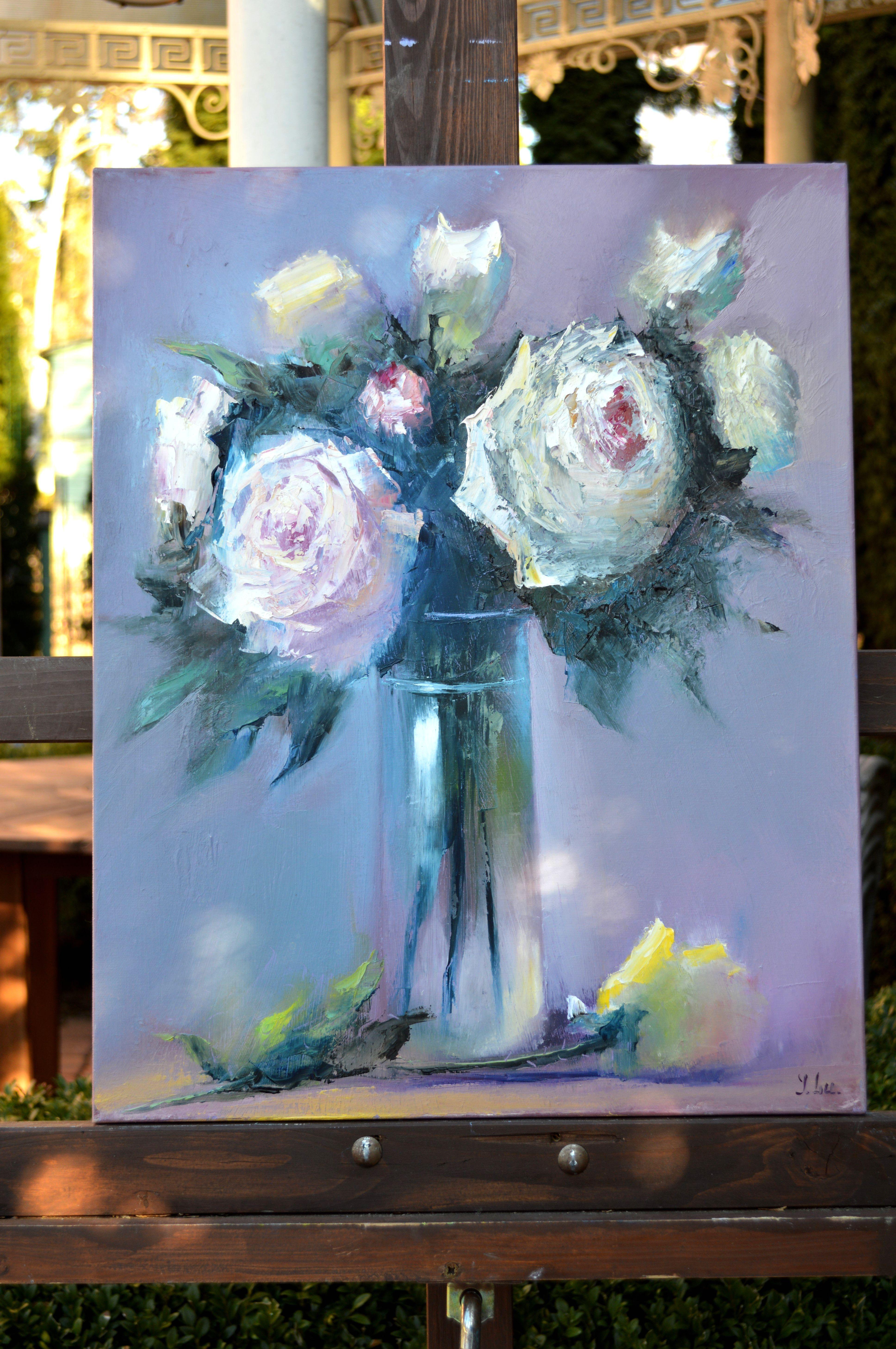 Rosas blancas 50X40 - Still-Life Painting Gris de Elena Lukina