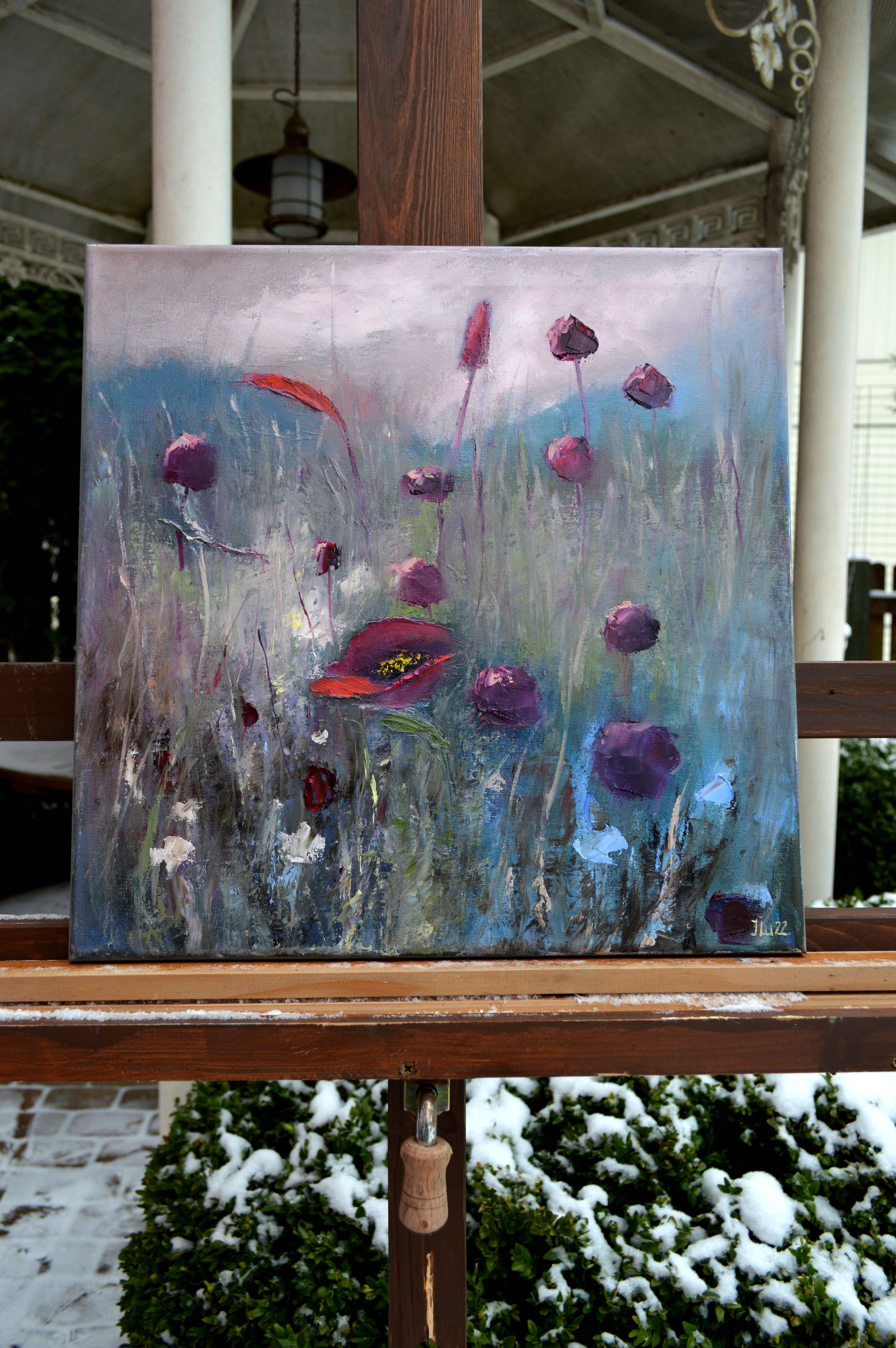 Wild field herbs 40X40 Ölgemälde (Grau), Landscape Painting, von Elena Lukina