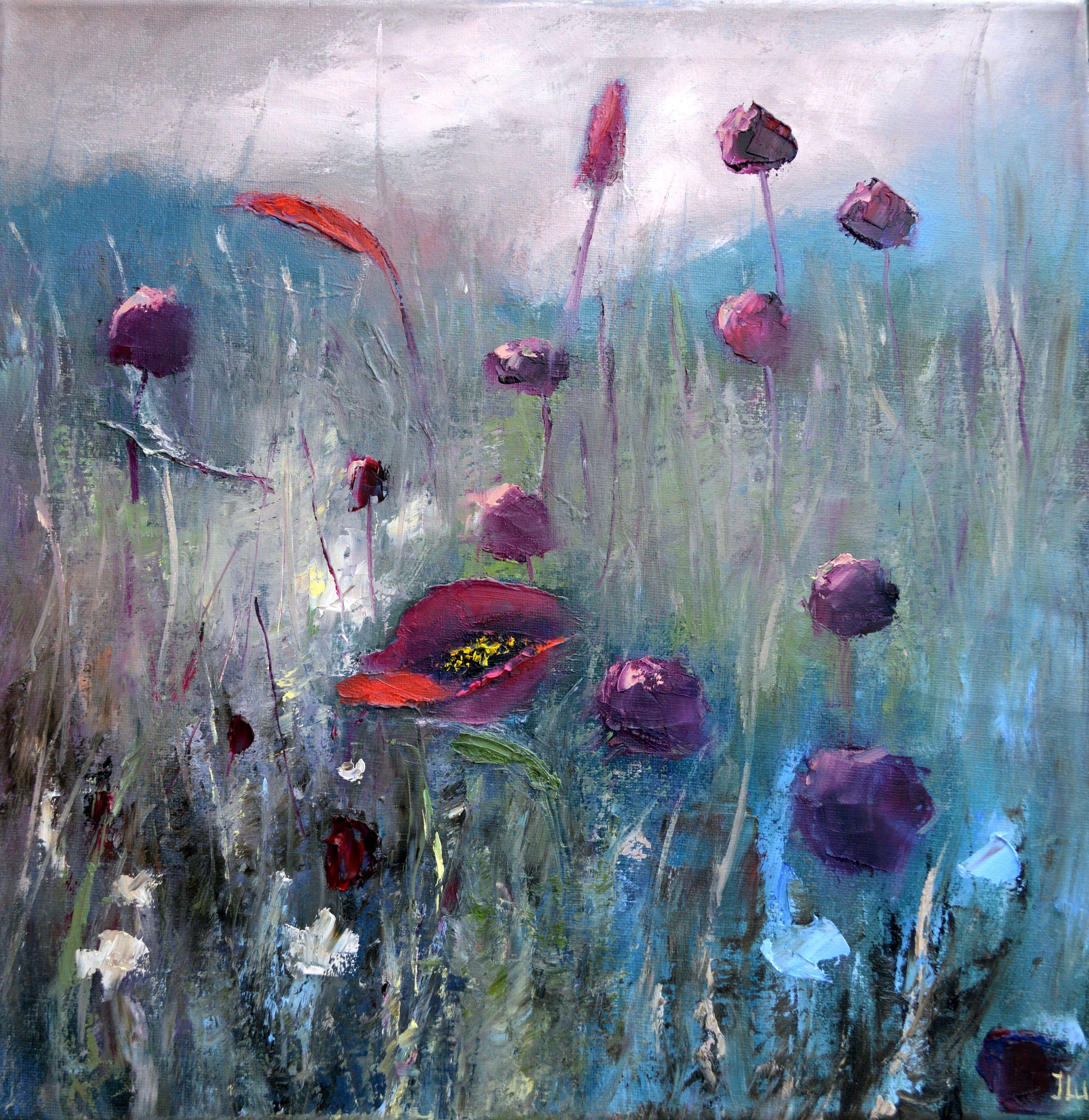 Elena Lukina Interior Painting - Wild field herbs 40X40 oil painting