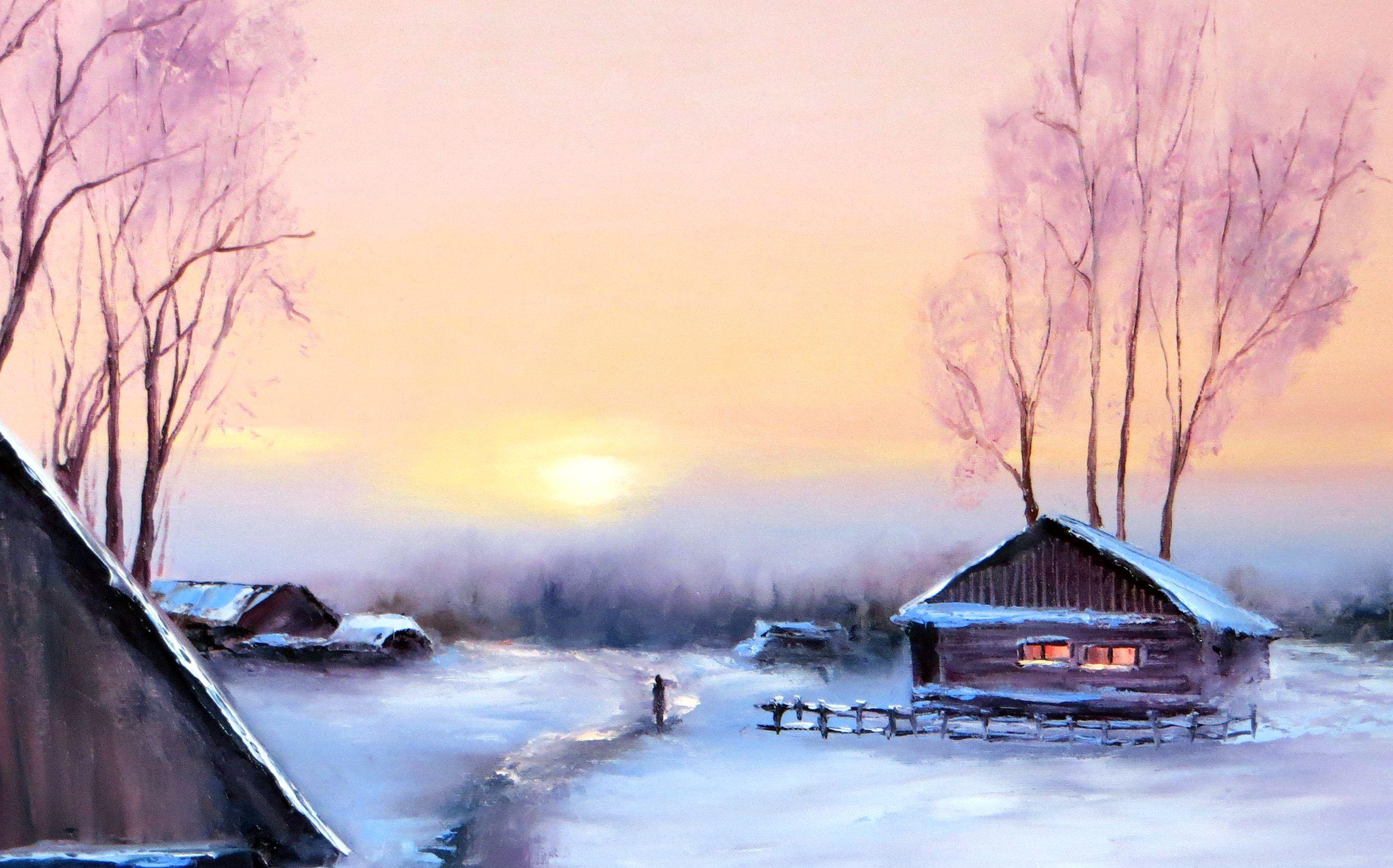WINTER SALE! Winter evening 50X70 oil painting - Painting by Elena Lukina