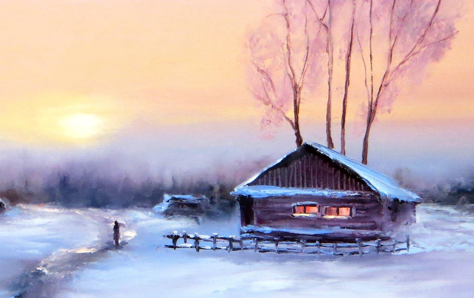 WINTER SALE! Winter evening 50X70 oil painting - Expressionist Painting by Elena Lukina