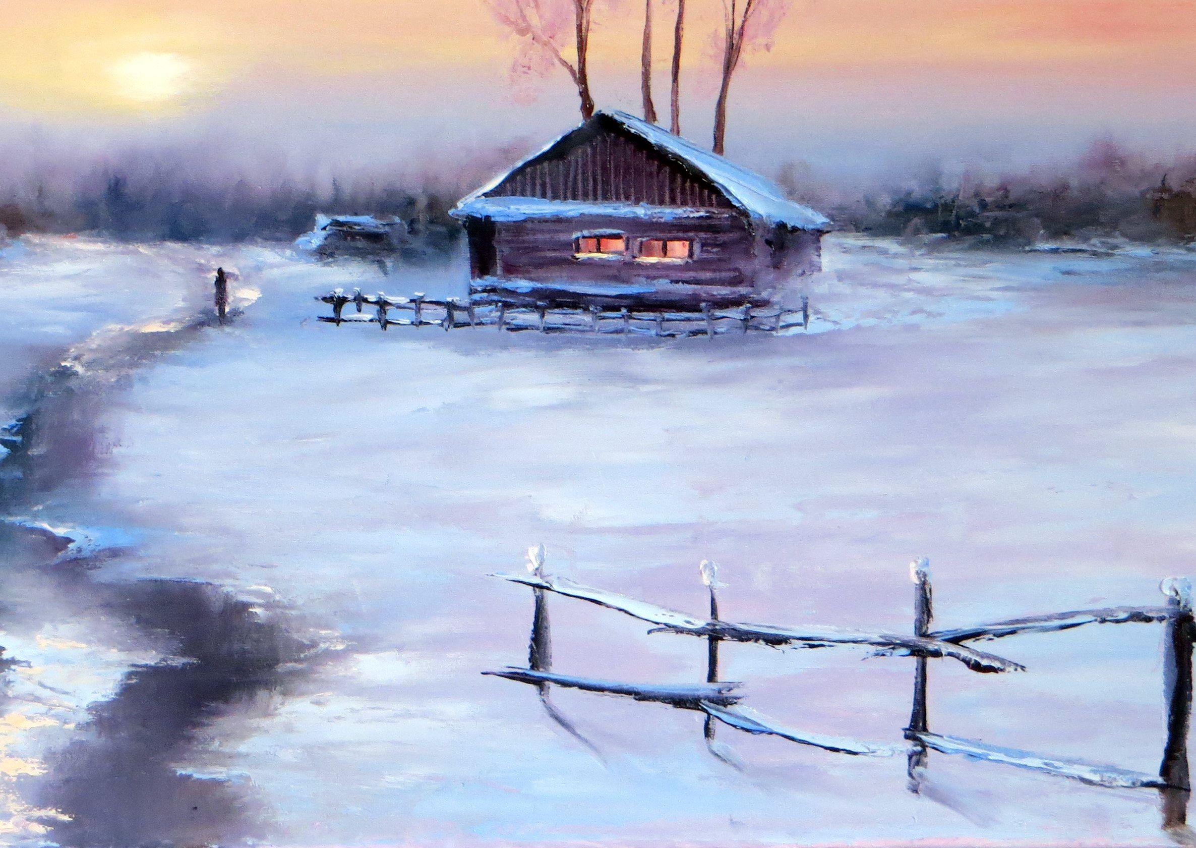 In this tranquil scene, I've immersed my brush in the silent poetry of winter's embrace. Through textured oils and a symphony of muted pastels, I've sought to capture the hushed whisper of snow-blanketed solitude—where warm light spills from a