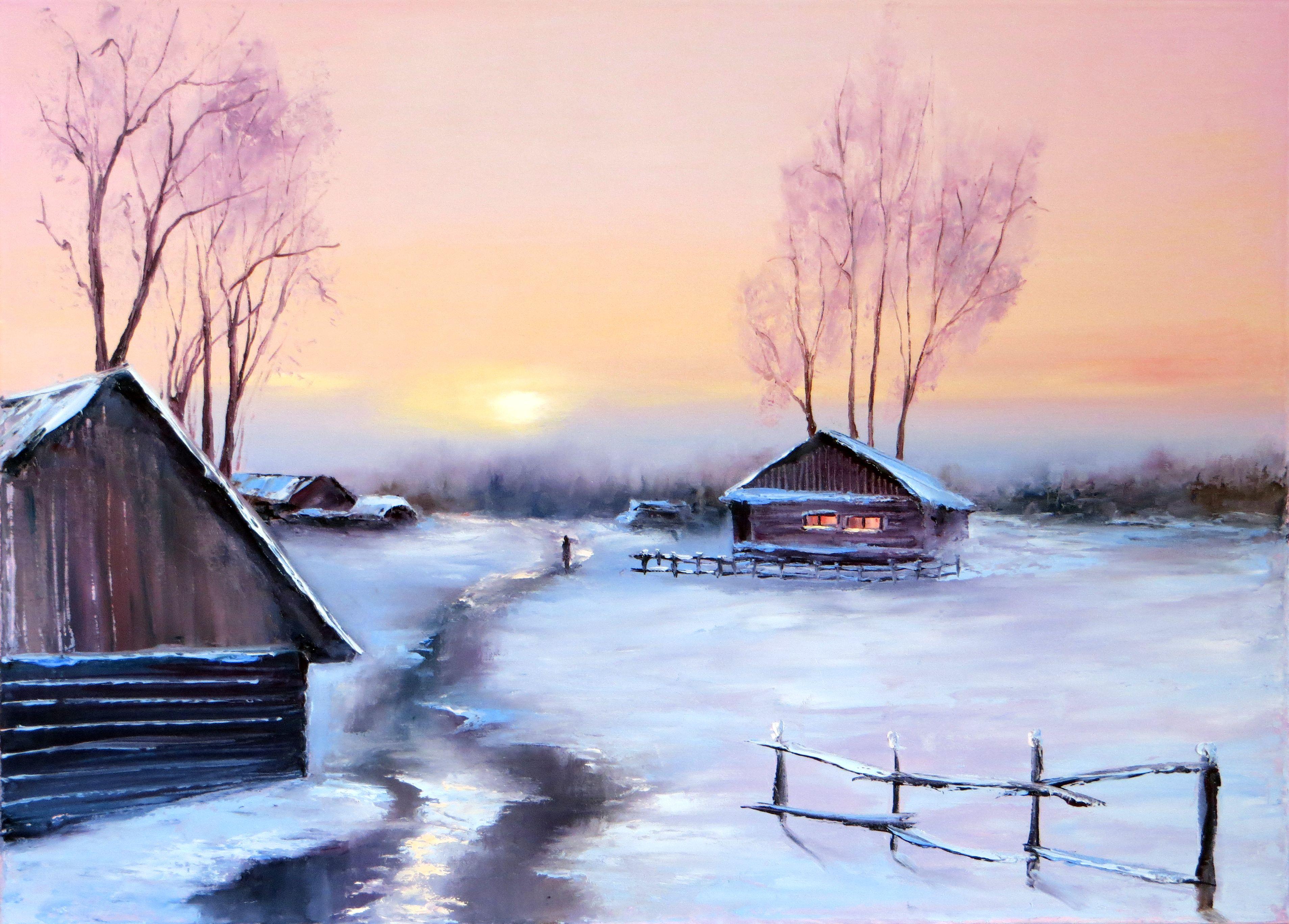 Elena Lukina Landscape Painting - WINTER SALE! Winter evening 50X70 oil painting