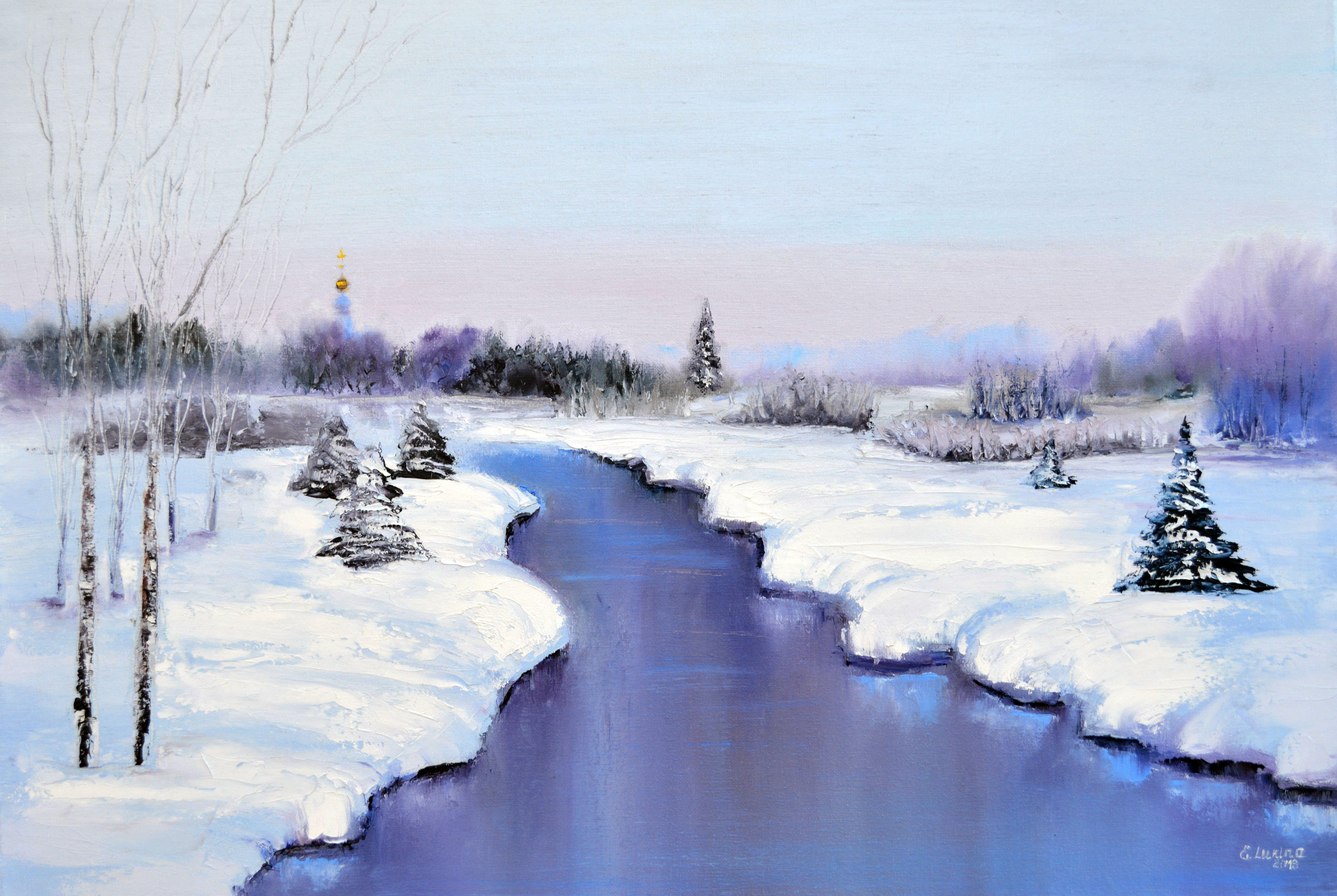 Elena Lukina Landscape Painting - WINTER SALE! Winter landscape 50X70 oil painting