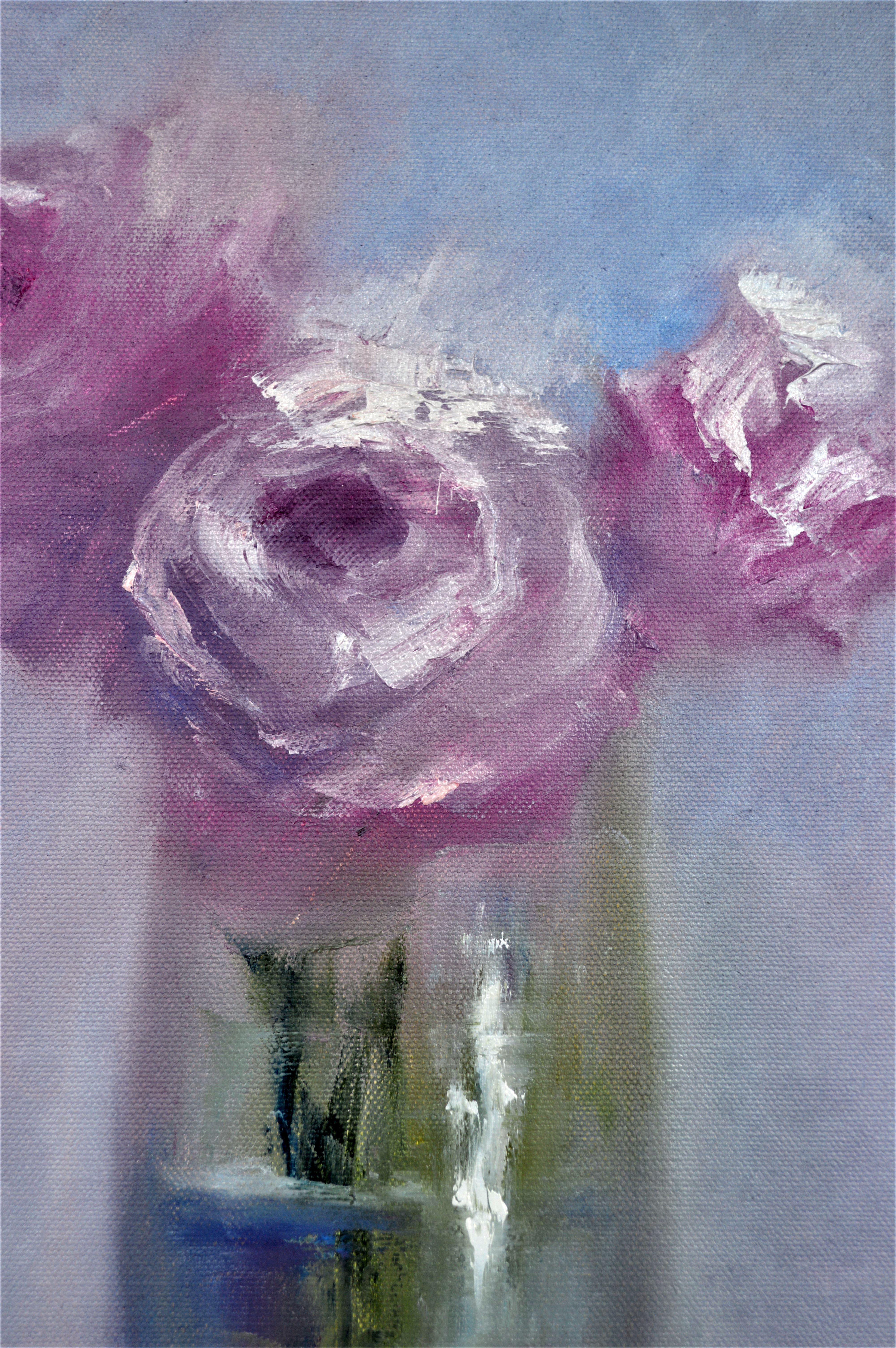 Crafted with love, my artwork breathes life into the delicate dance of roses against a tranquil backdrop. It's an expressionist journey capturing the subtle interplay of light and shadow, where minimalism meets the warmth of a vintage touch. Each