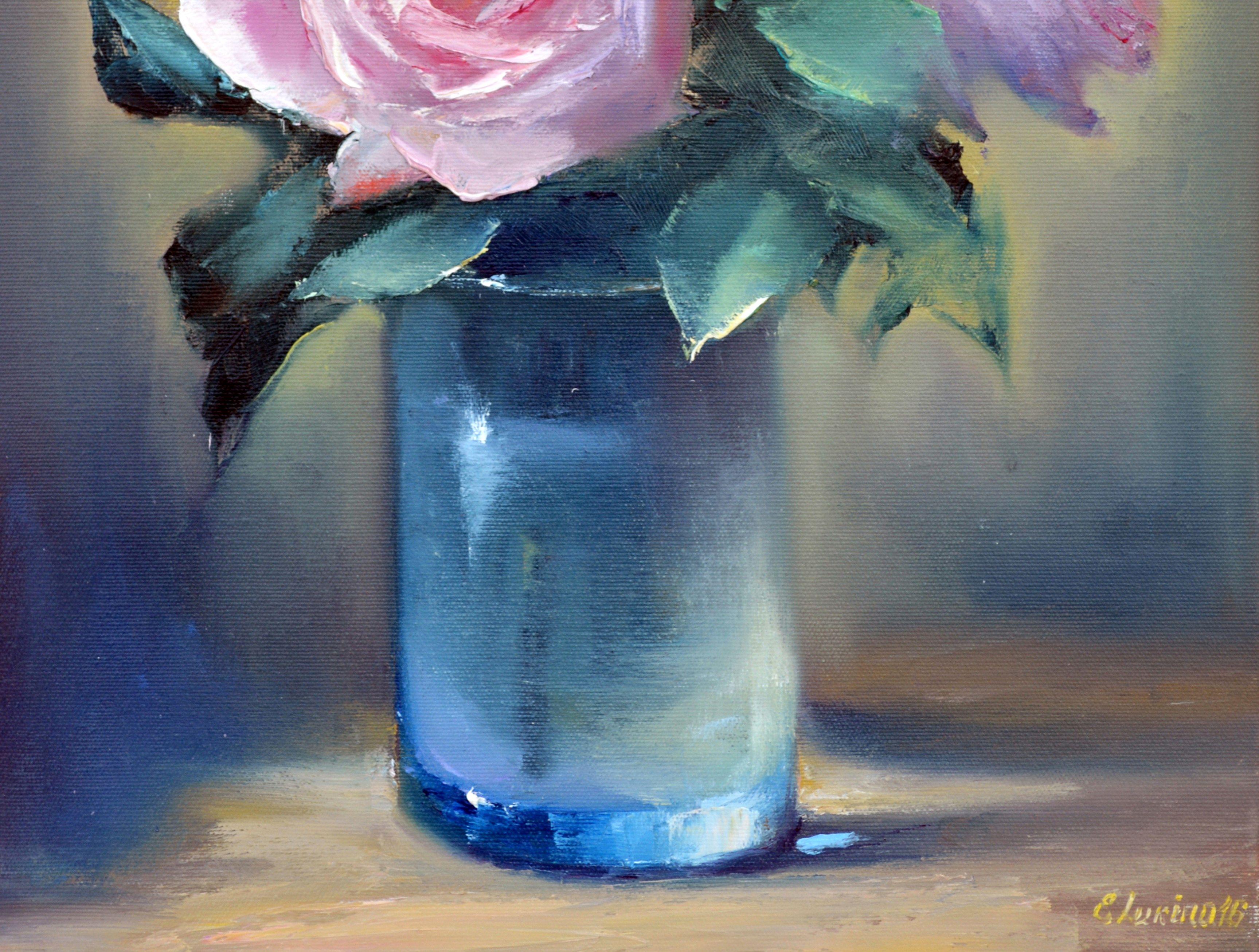 Winter roses 50X40 oil on canvas - Expressionist Painting by Elena Lukina