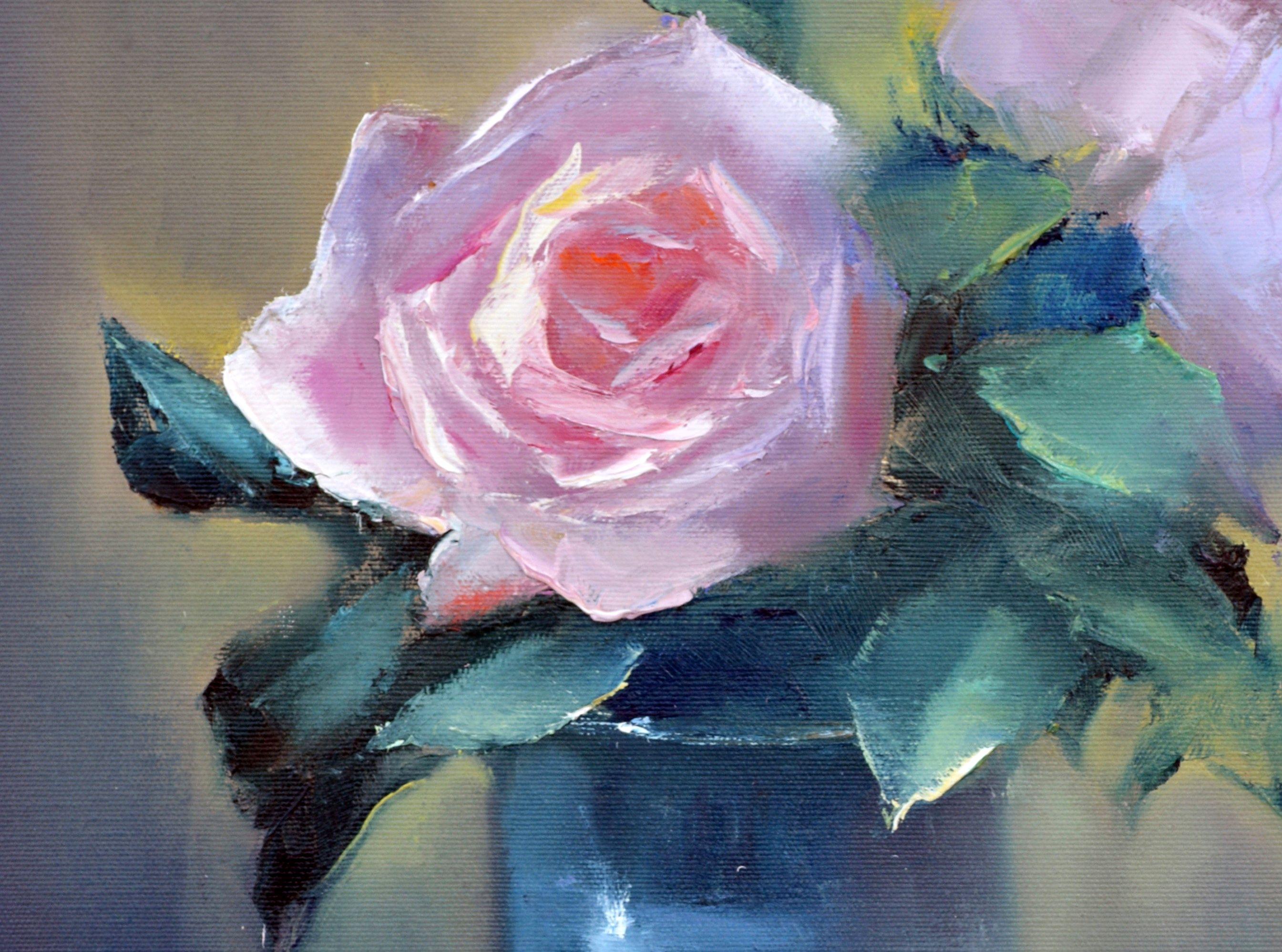 In this oil painting, I sought to capture the delicate dance of light and shadow, blending expressionism with a touch of fine art realism. Each stroke is infused with emotion, as if the roses emanate a quiet resilience against the somber hues of