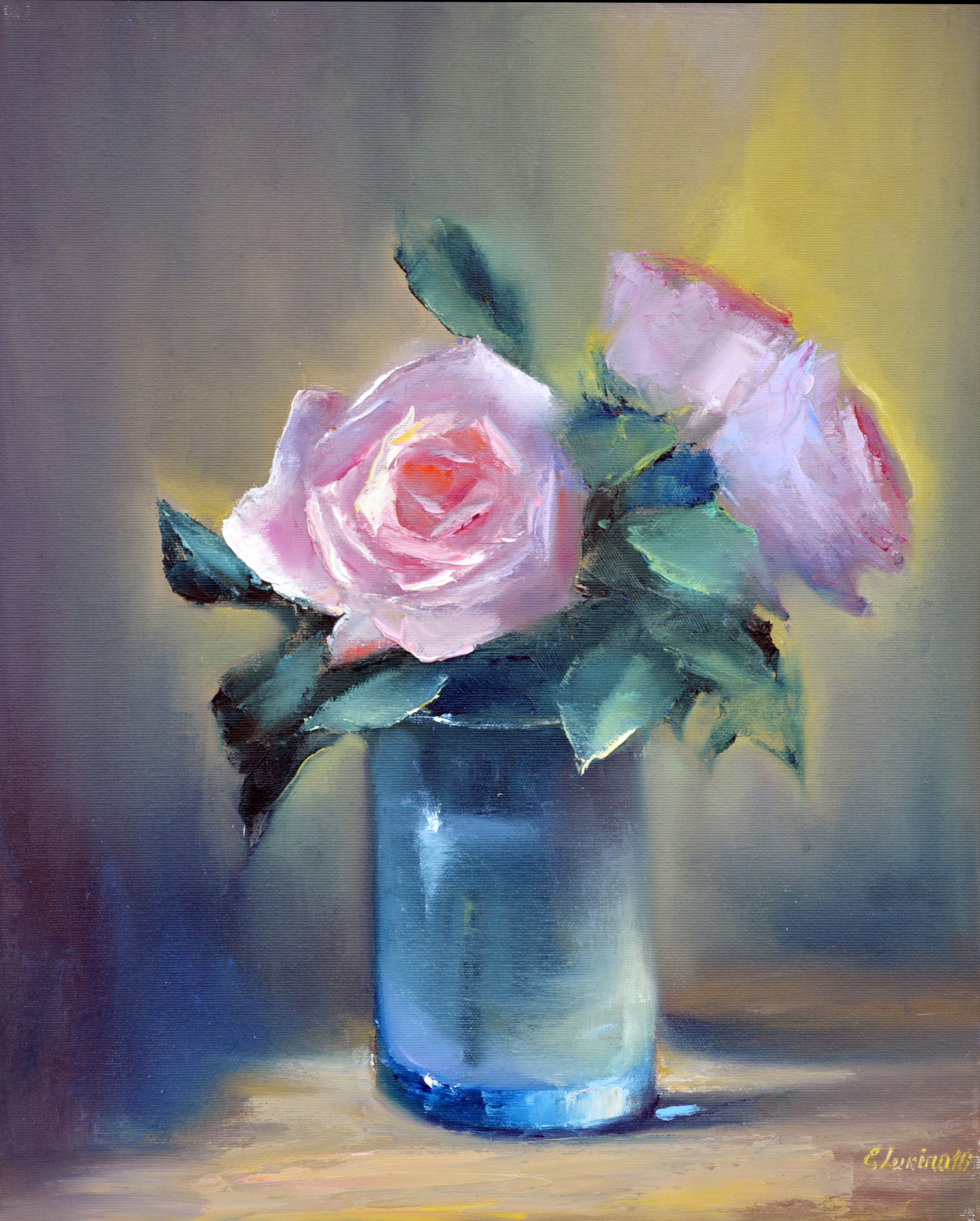 Elena Lukina Interior Painting - Winter roses 50X40 oil on canvas