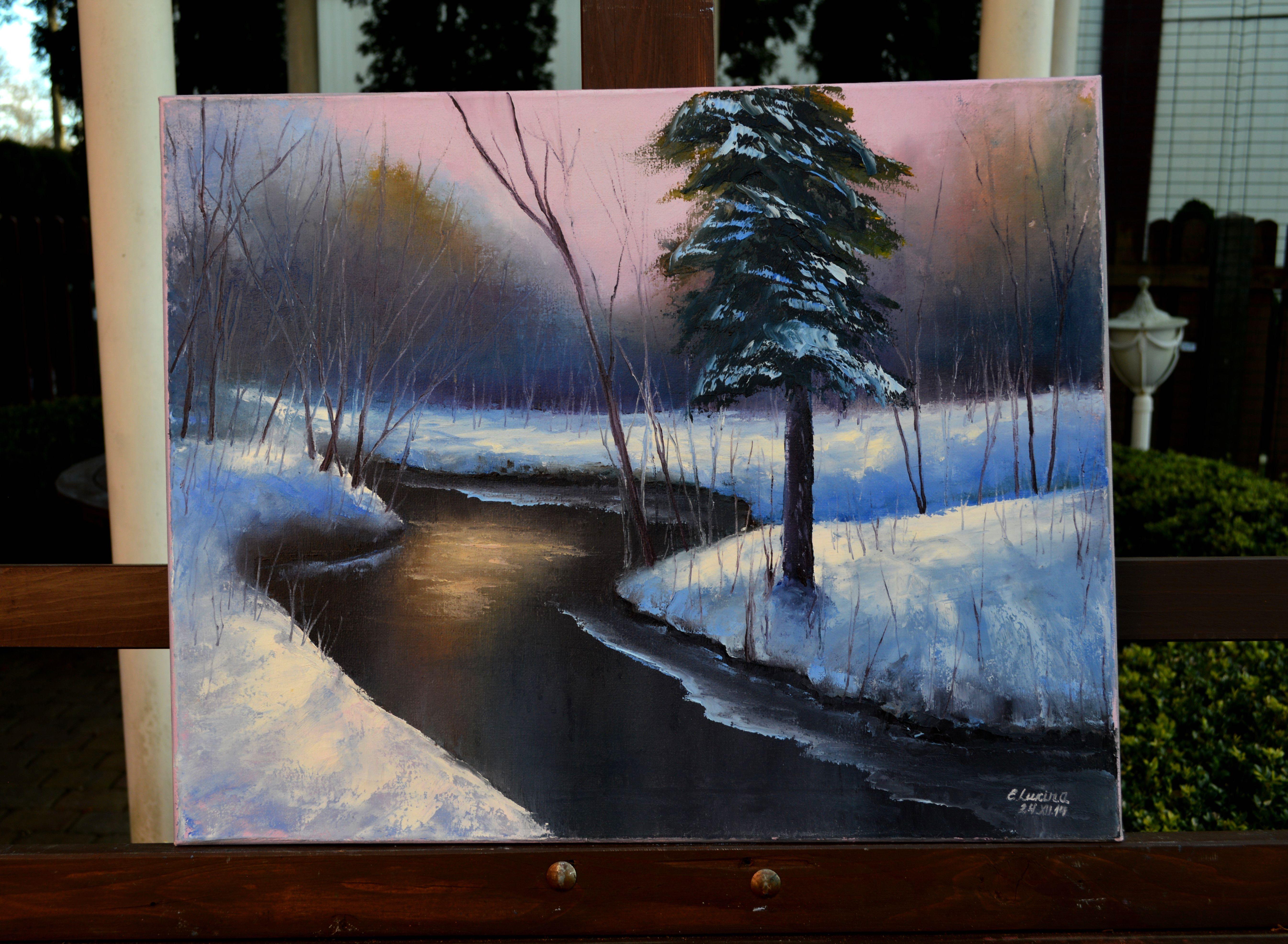 WINTERVERKAUF! Weihnachtswald 40X50 Ei-Gemälde – Painting von Elena Lukina