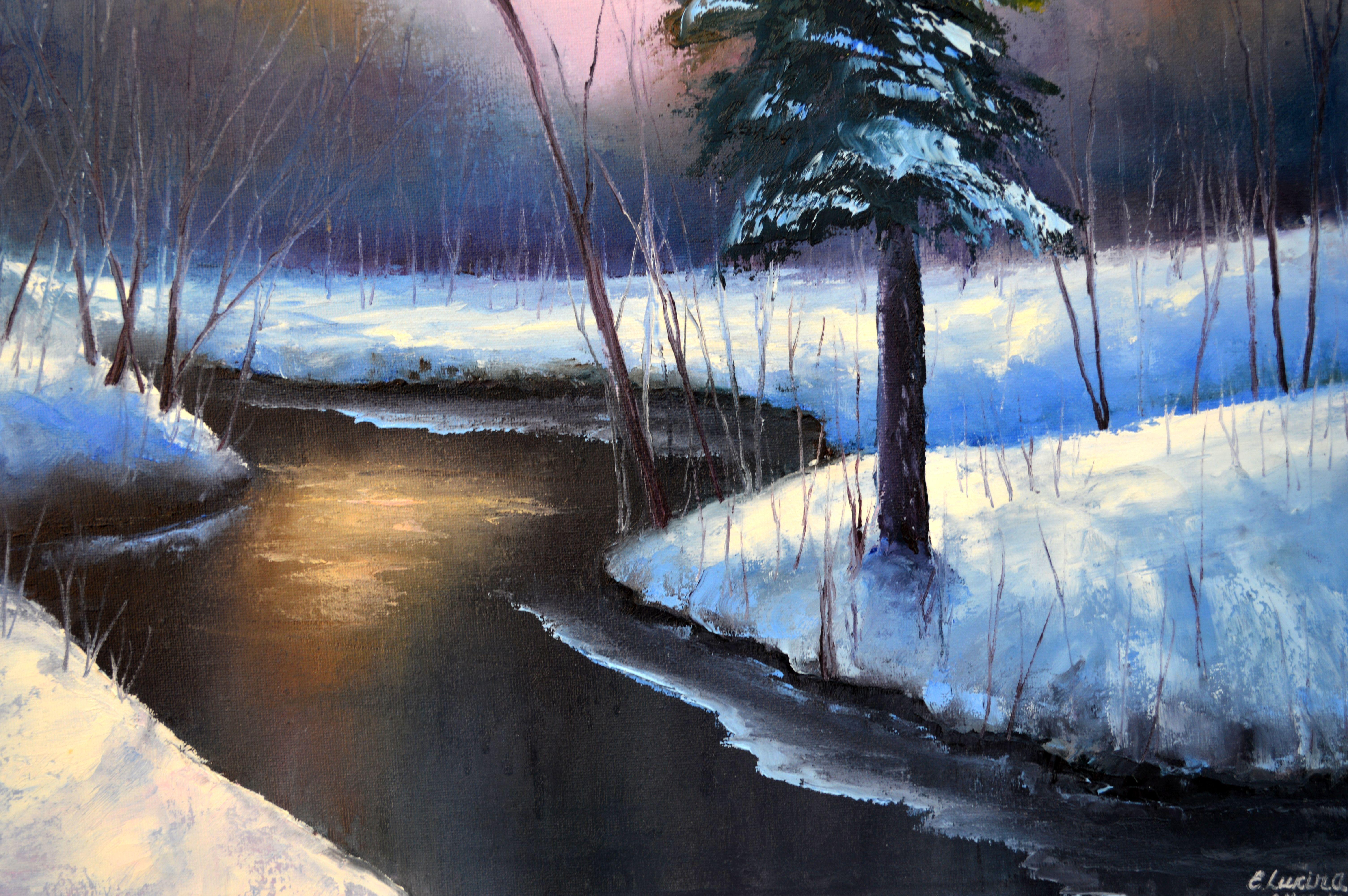 Mit diesem Gemälde wollte ich die heitere Umarmung des Winters einfangen, wenn die Stille des Schnees die Erde bedeckt. Dieses Werk ist ein Tanz aus kühlen und warmen Farbtönen, die sich ineinander verflechten, um die Ruhe des Schlummers der Natur