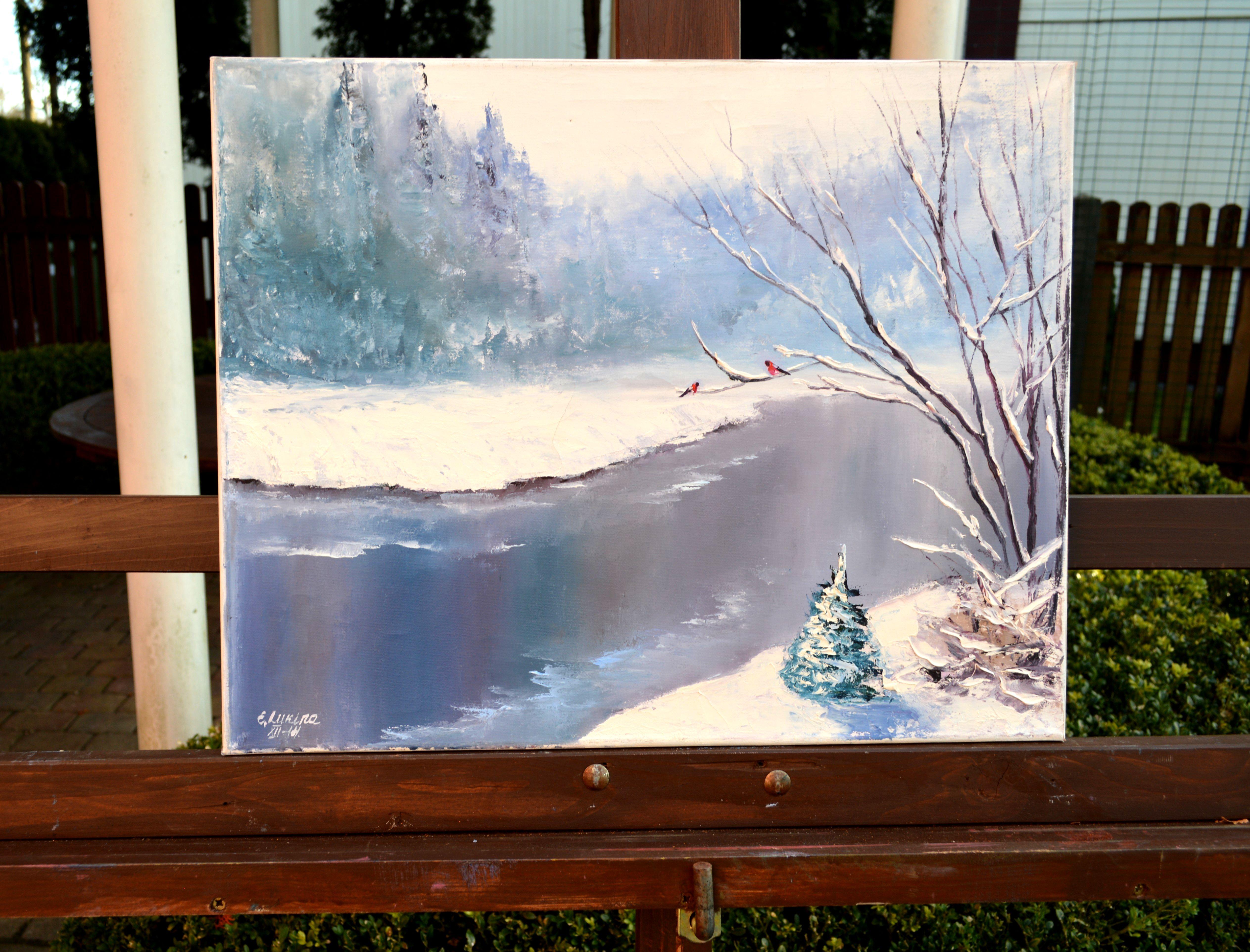 WINTER SALE!  Winter day 40X50 oi painting - Painting by Elena Lukina