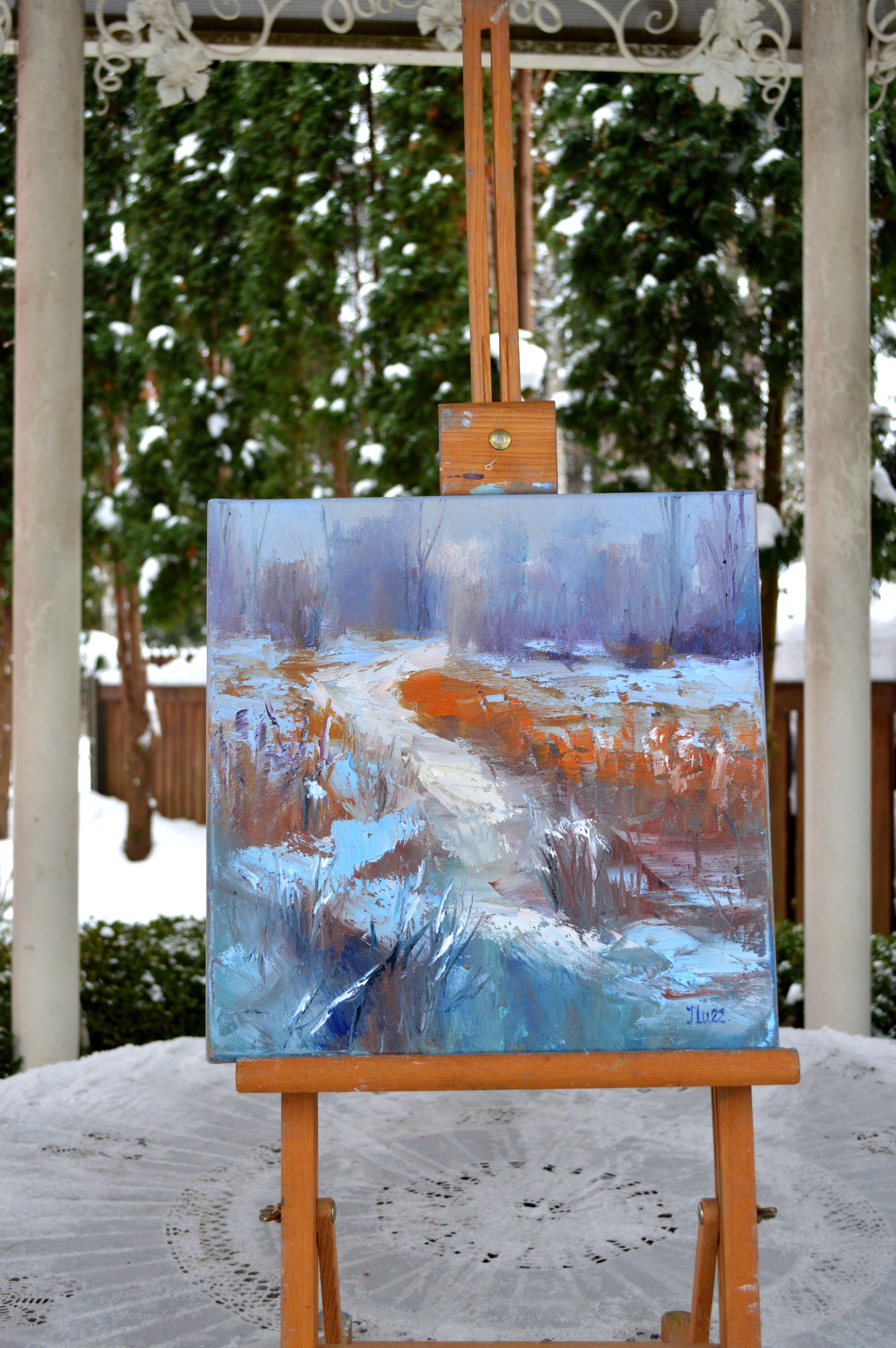 Winter sketch Path to the river 30X30 - Painting by Elena Lukina