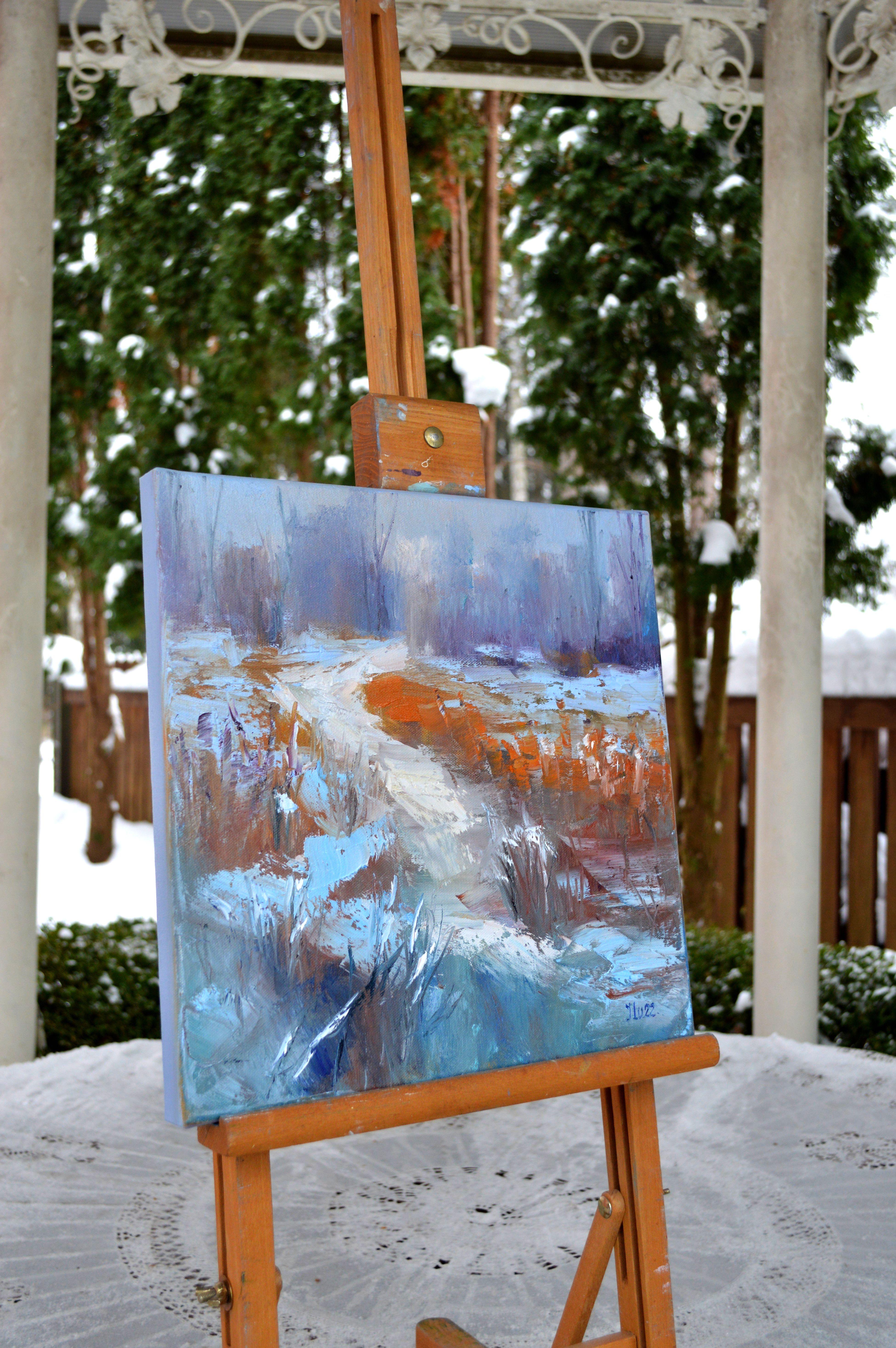Winter sketch Path to the river 30X30 - Expressionist Painting by Elena Lukina
