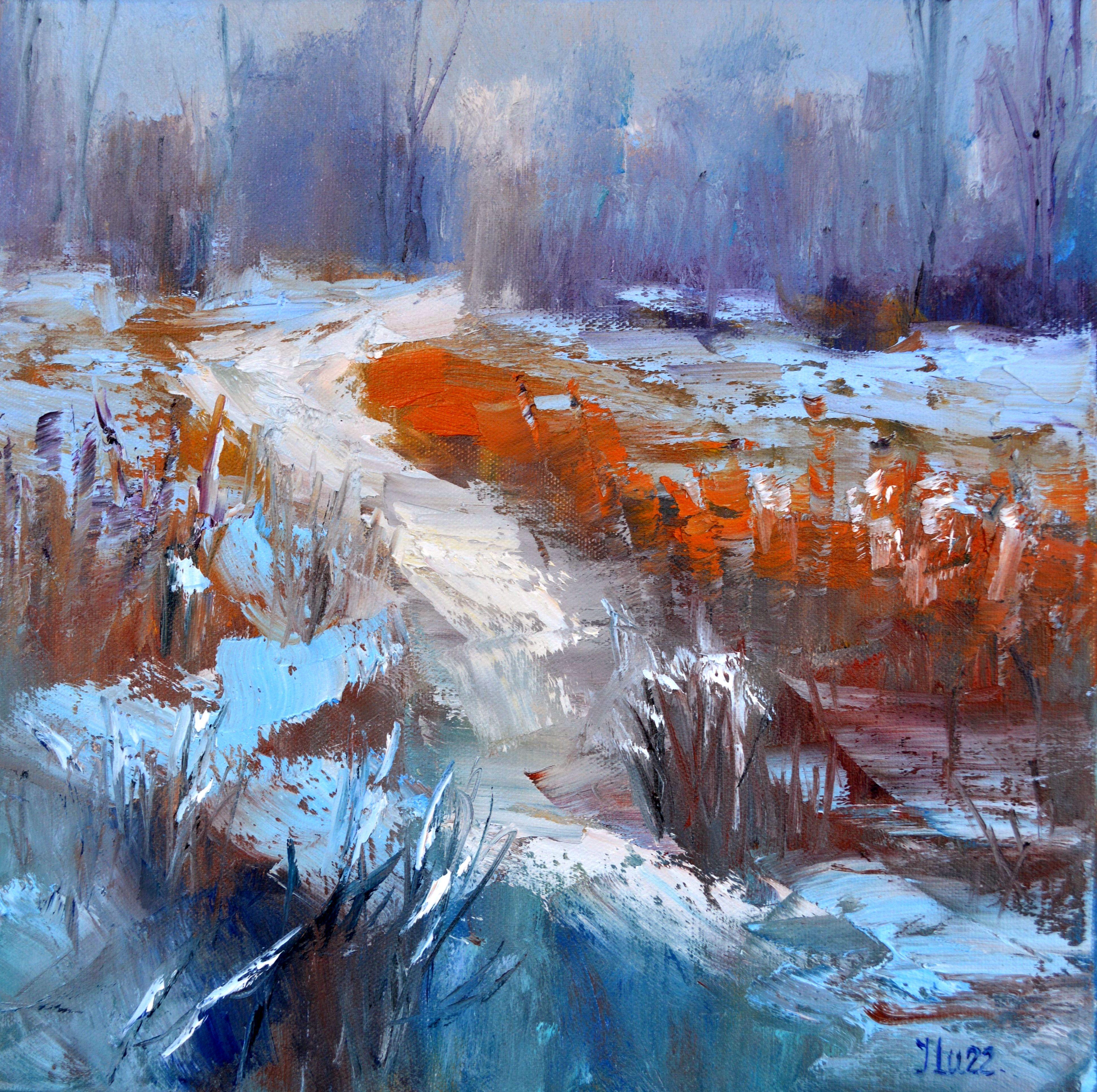 Elena Lukina Landscape Painting - Winter sketch Path to the river 30X30